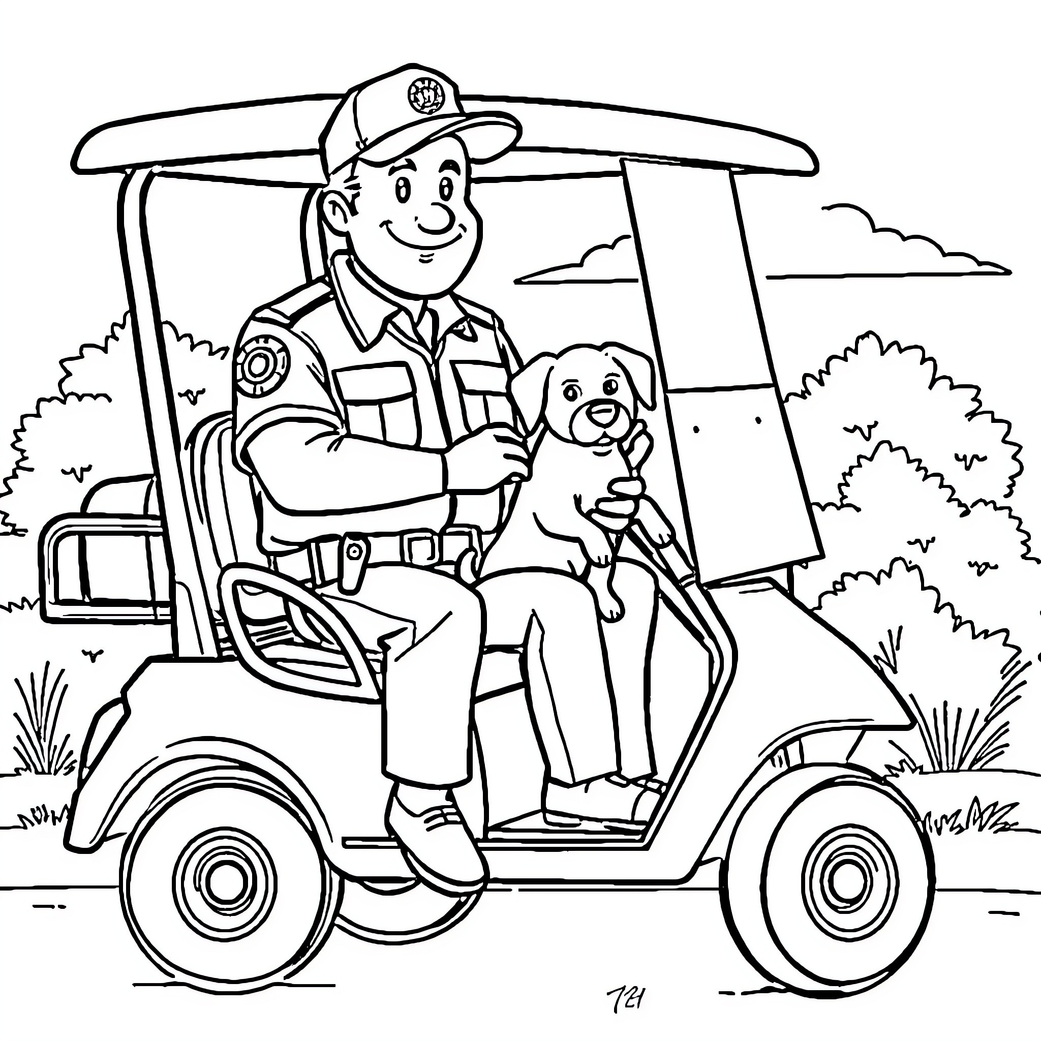 Security Guard Driving Cart with Dog Companion Coloring Page (free black-and-white line drawing printable PDF for all, from beginners to advanced learners, including children, teens, adults, and seniors)