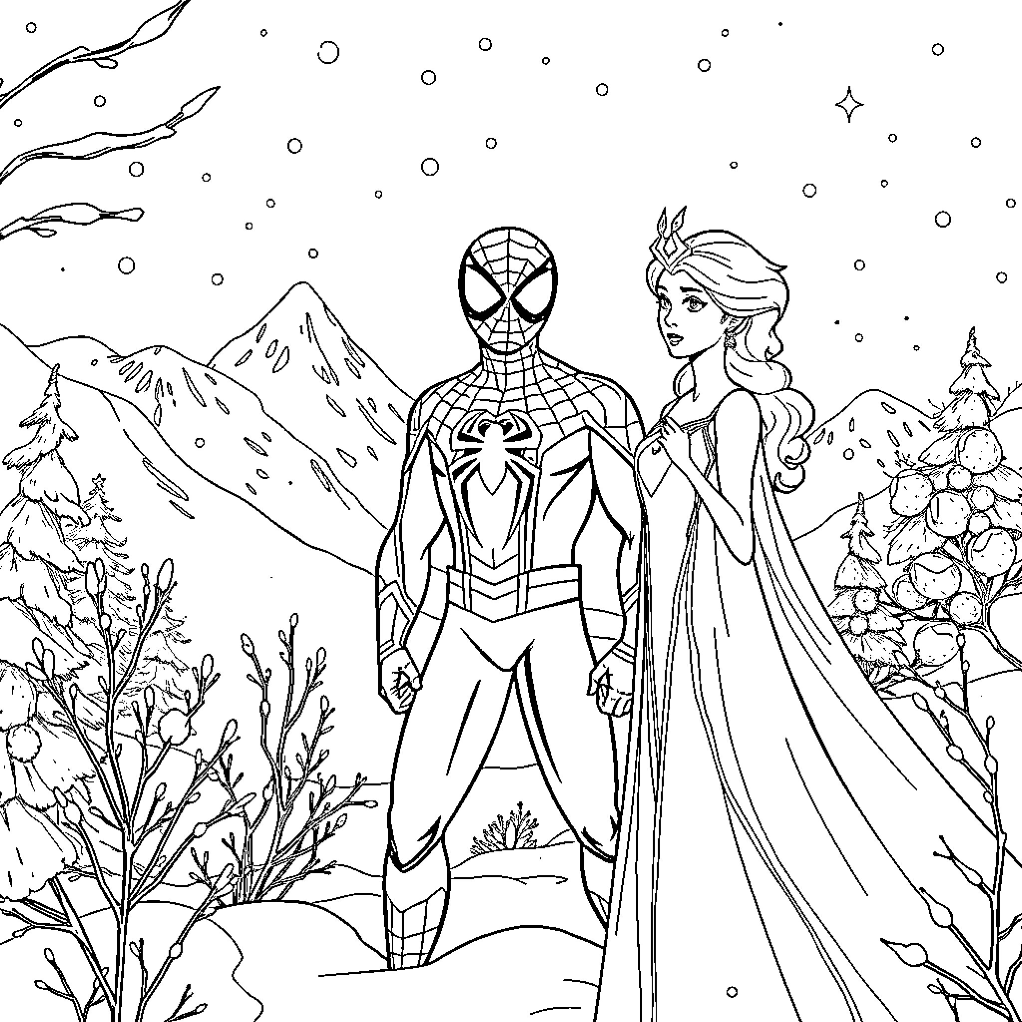 Spidey and Elsa's Snowy Adventure Coloring Page (free black-and-white line drawing printable PDF for all, from beginners to advanced learners, including children, teens, adults, and seniors)