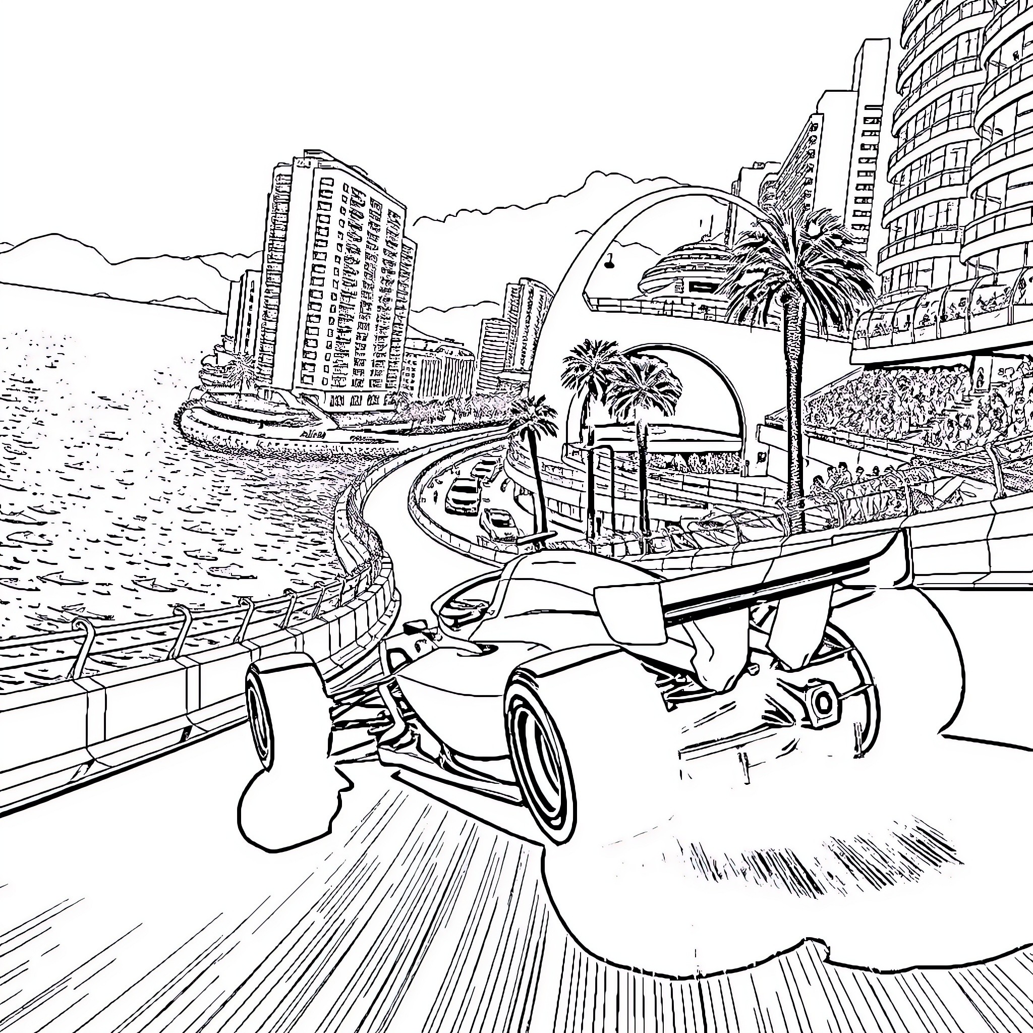 Formula 1 Car racing through coastal city streets Coloring Page (free black-and-white line drawing printable PDF for all, from beginners to advanced learners, including children, teens, adults, and seniors)