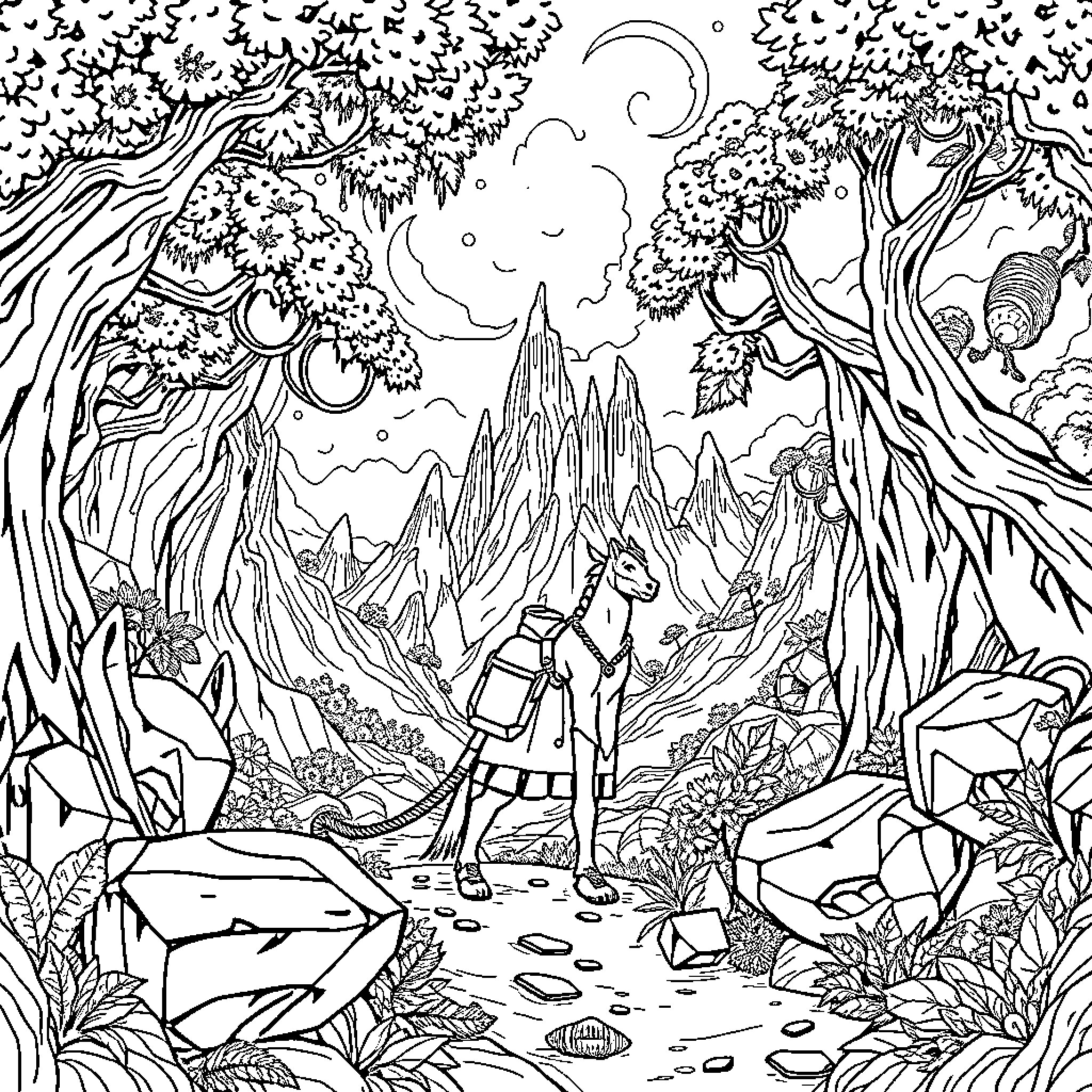 Huntrix explores the magical forest landscape Coloring Page (free black-and-white line drawing printable PDF for all, from beginners to advanced learners, including children, teens, adults, and seniors)