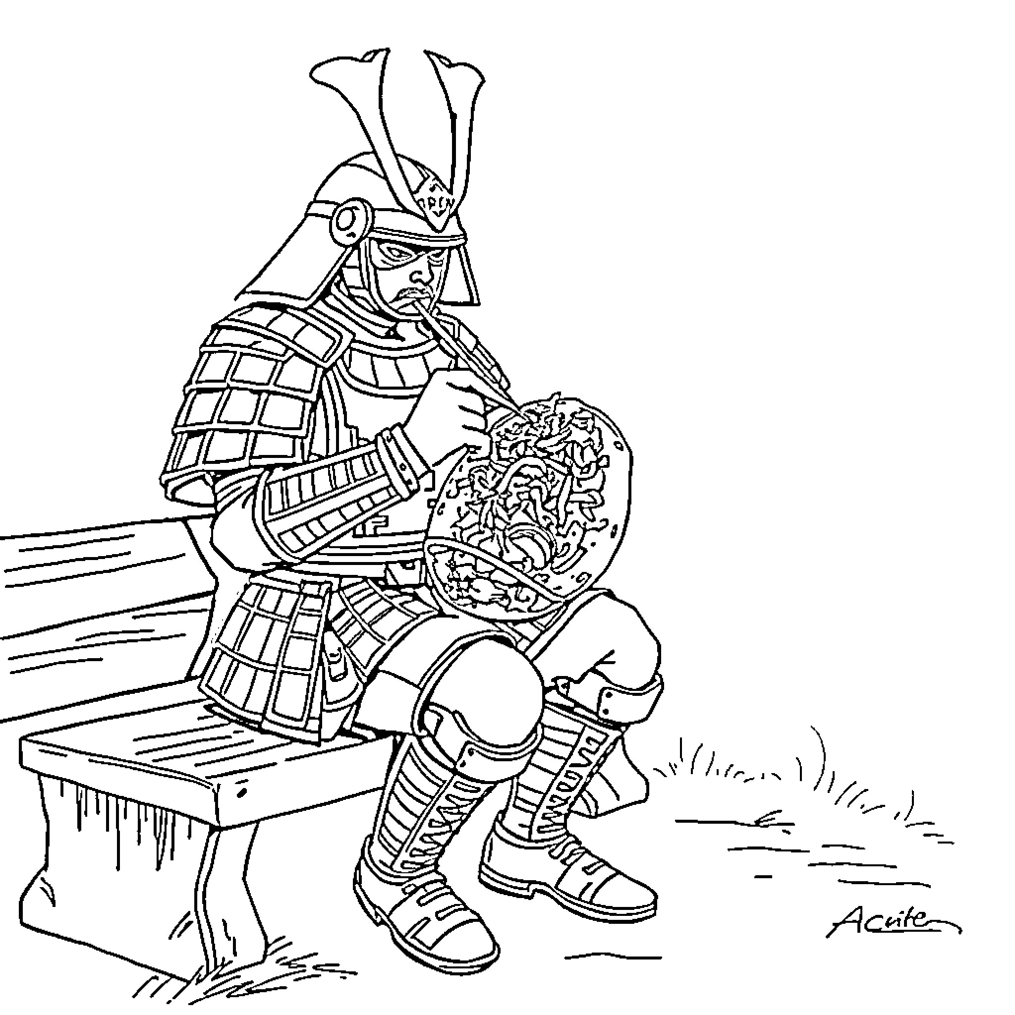 Samurai Warrior in Defensive Stance Coloring Page (free black-and-white line drawing printable PDF for all, from beginners to advanced learners, including children, teens, adults, and seniors)