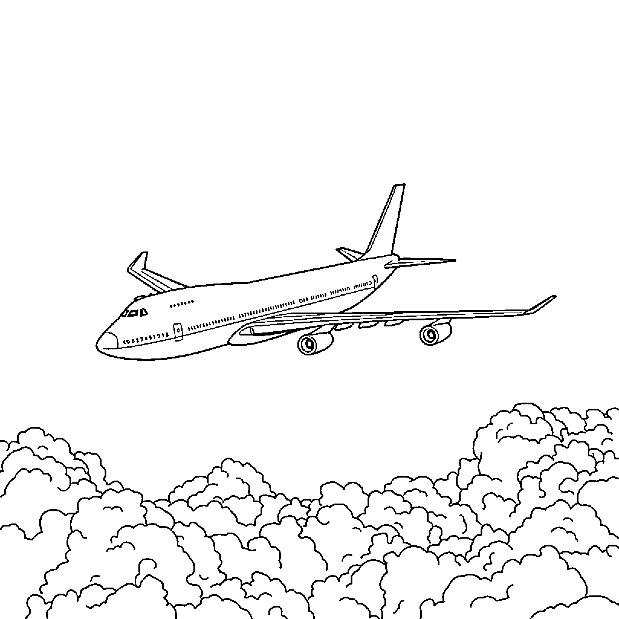 Boeing airliner soaring through cloudy skies Coloring Page (free black-and-white line drawing printable PDF for all, from beginners to advanced learners, including children, teens, adults, and seniors)