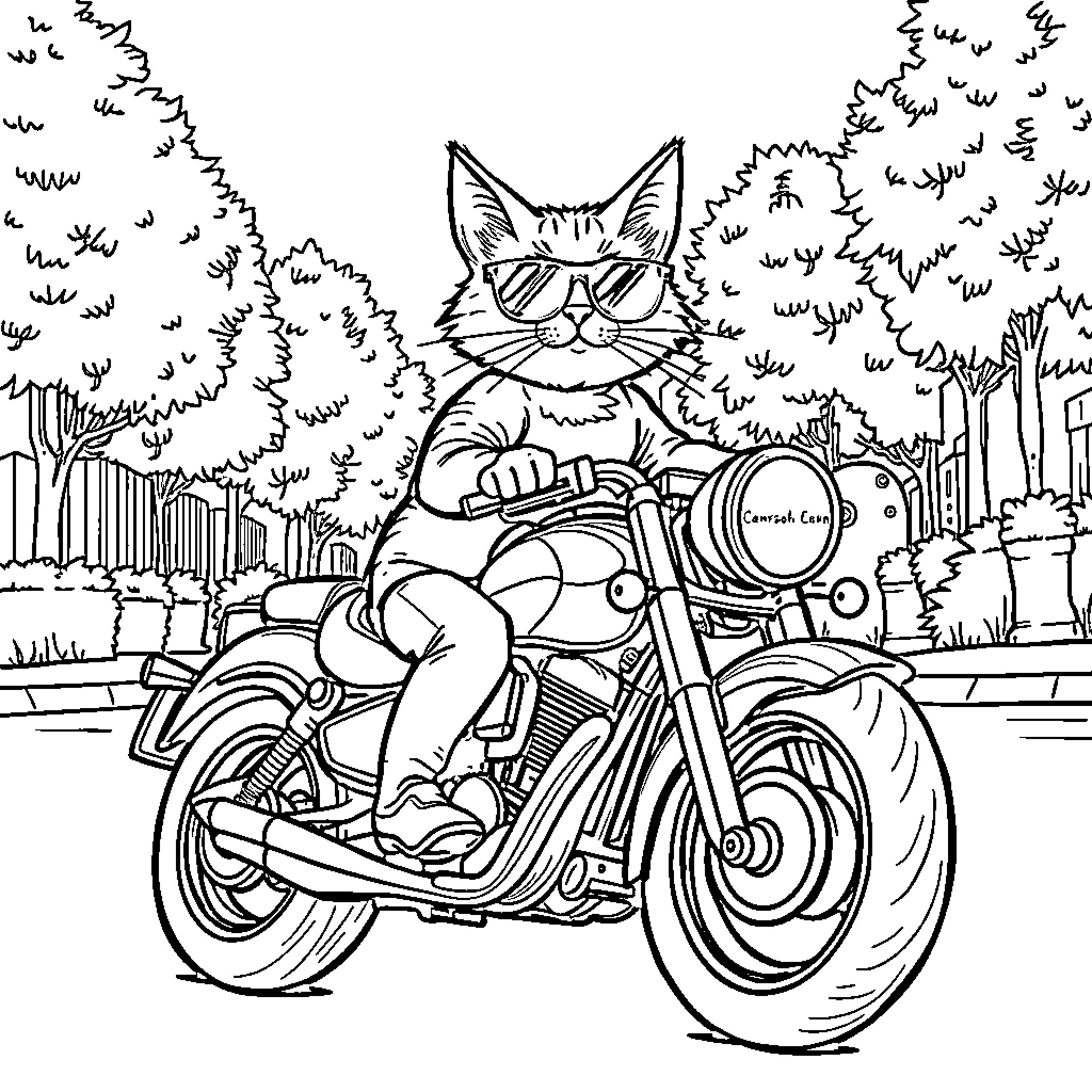 Cat riding a motorcycle through the forest Coloring Page (free black-and-white line drawing printable PDF for all, from beginners to advanced learners, including children, teens, adults, and seniors)