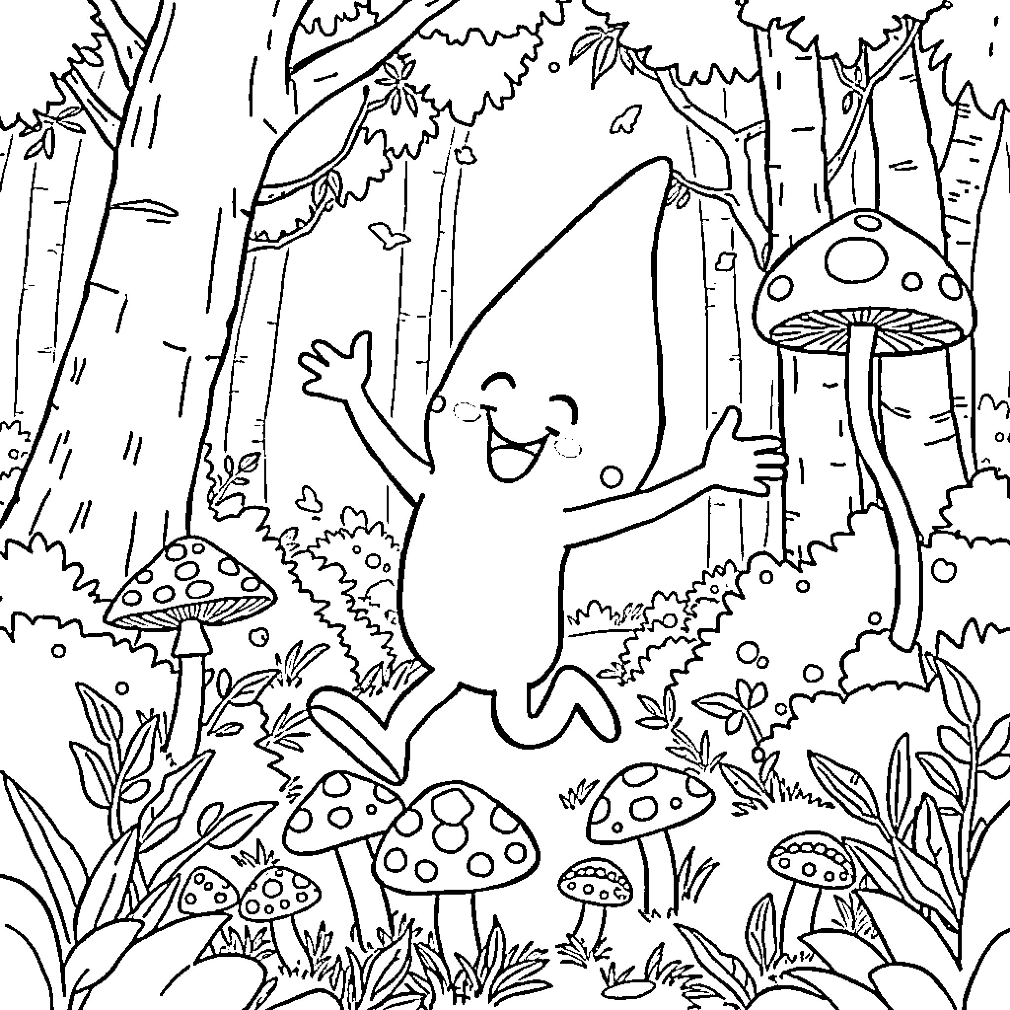 Kpop Demon Celebrates Whimsical Forest Adventure Coloring Page (free black-and-white line drawing printable PDF for all, from beginners to advanced learners, including children, teens, adults, and seniors)
