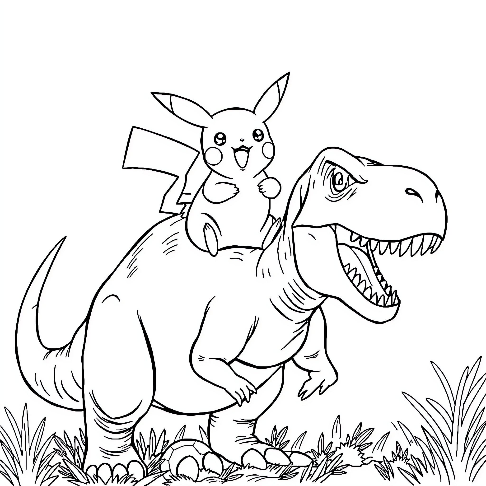 Pikachu riding a T-rex in a prehistoric landscape Coloring Page (free black-and-white line drawing printable PDF for all, from beginners to advanced learners, including children, teens, adults, and seniors)