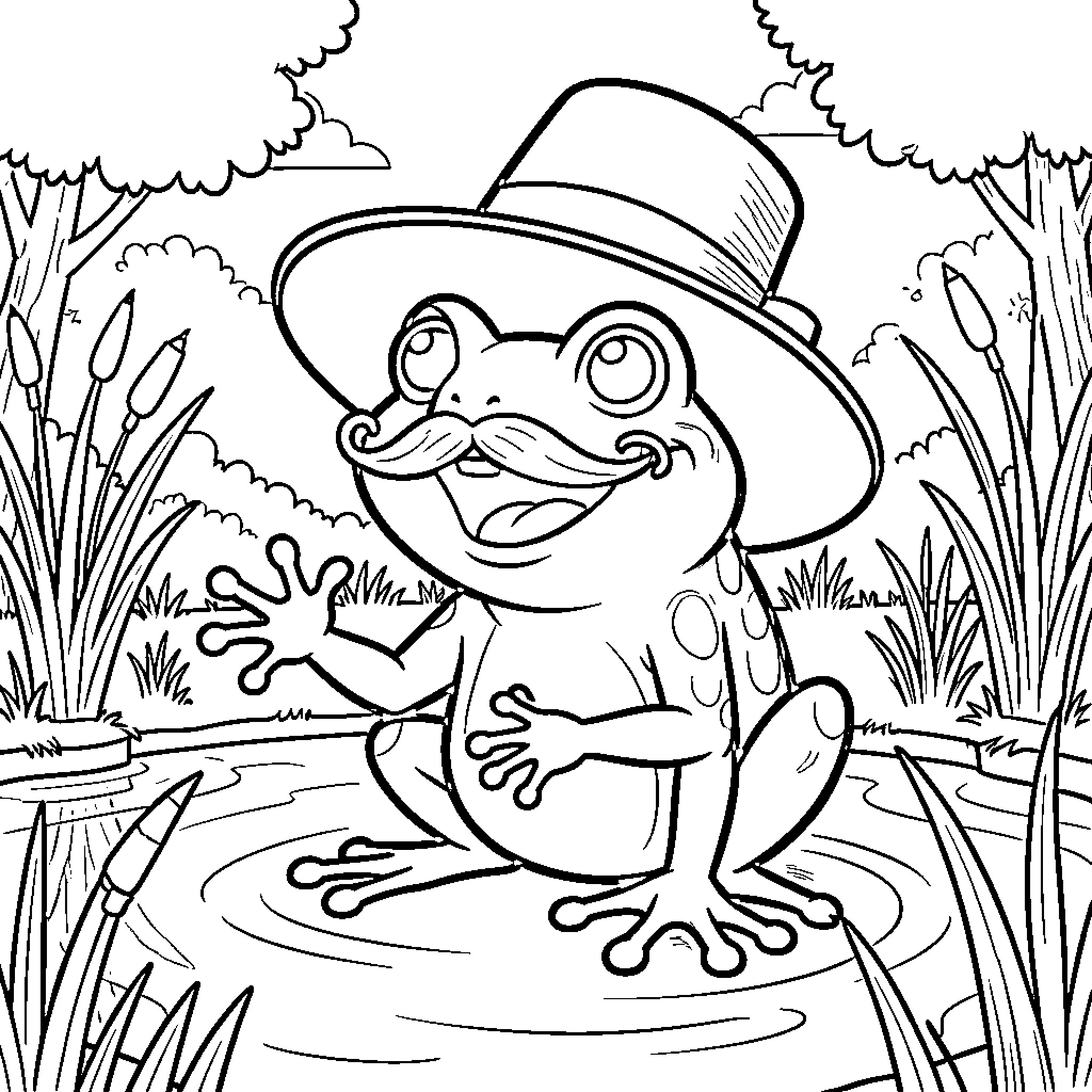 Frog wearing a hat and waving in the pond Coloring Page (free black-and-white line drawing printable PDF for all, from beginners to advanced learners, including children, teens, adults, and seniors)