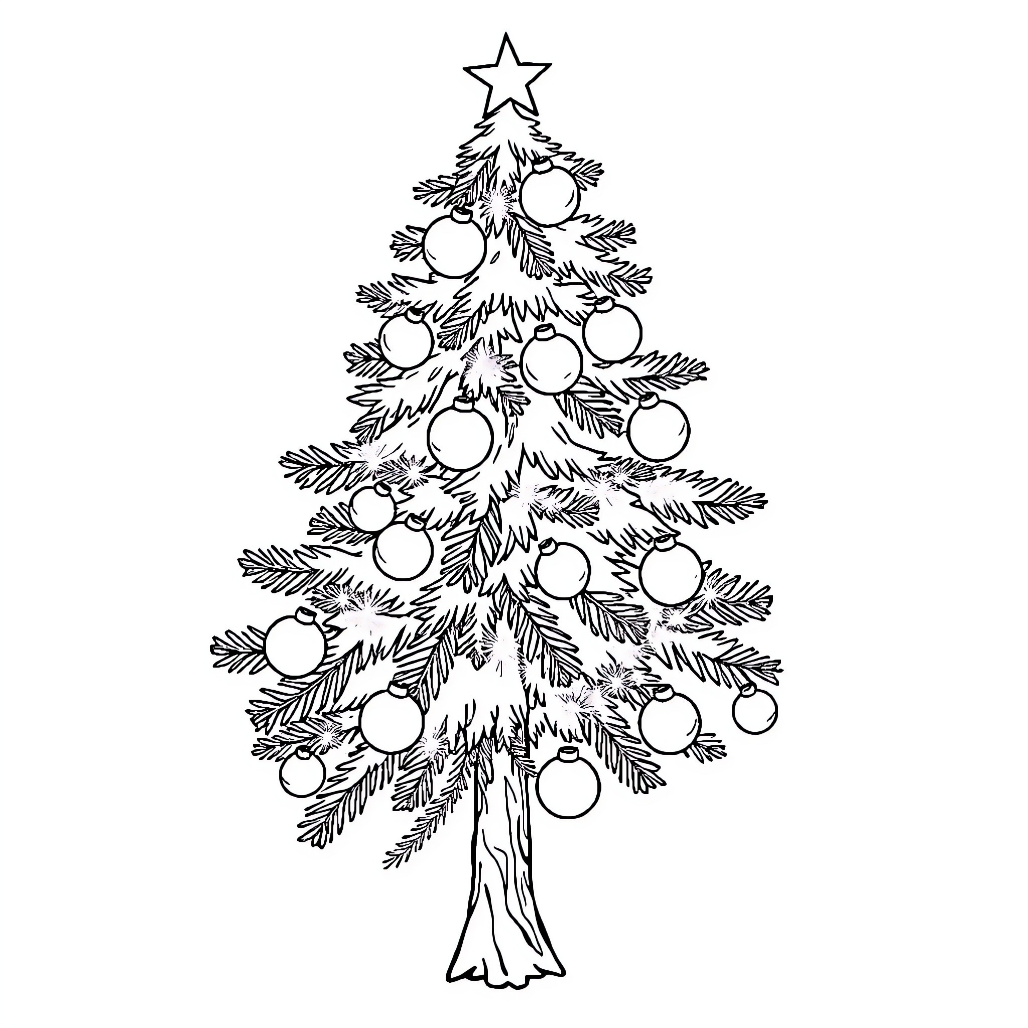 Christmas Tree with Ornaments Coloring Page (free black-and-white line drawing printable PDF for all, from beginners to advanced learners, including children, teens, adults, and seniors)