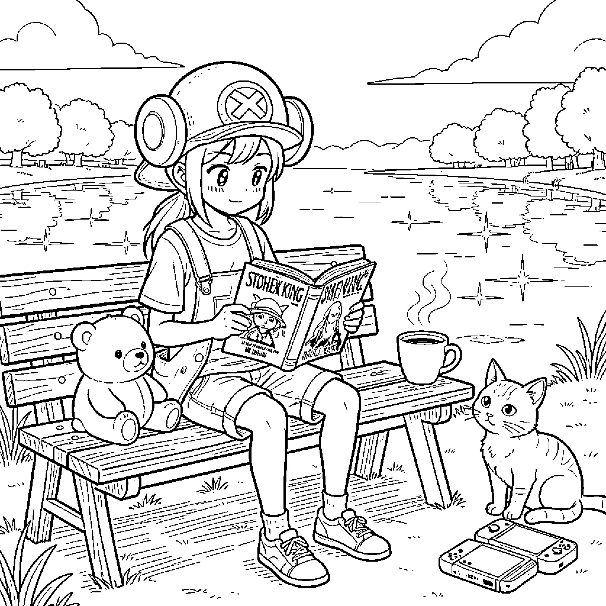 Chopper reading a book by the lake with pets Coloring Page (free black-and-white line drawing printable PDF for all, from beginners to advanced learners, including children, teens, adults, and seniors)