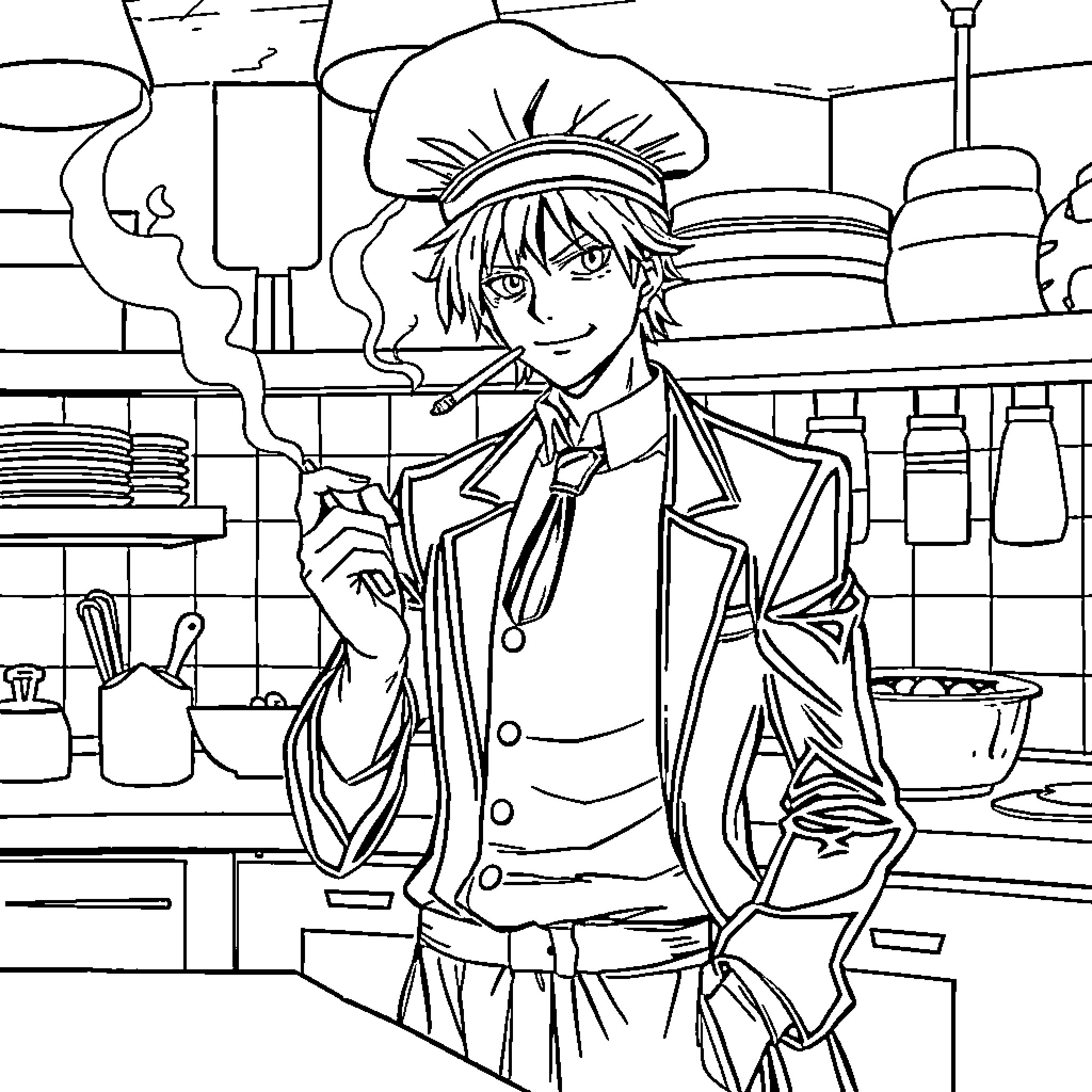 Sanji cooking deliciously in the kitchen Coloring Page (free black-and-white line drawing printable PDF for all, from beginners to advanced learners, including children, teens, adults, and seniors)