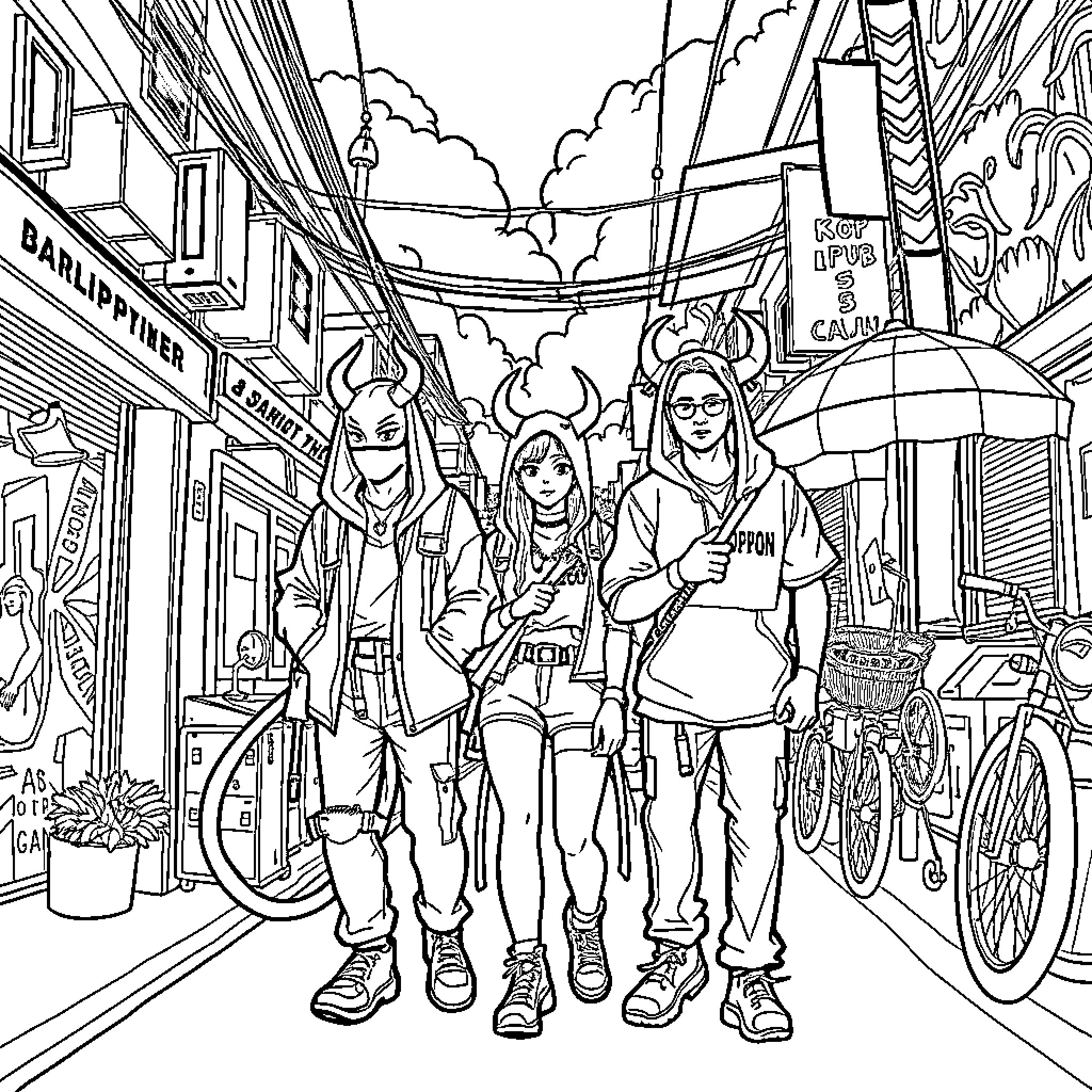 Demon Hunters exploring a bustling city street Coloring Page (free black-and-white line drawing printable PDF for all, from beginners to advanced learners, including children, teens, adults, and seniors)