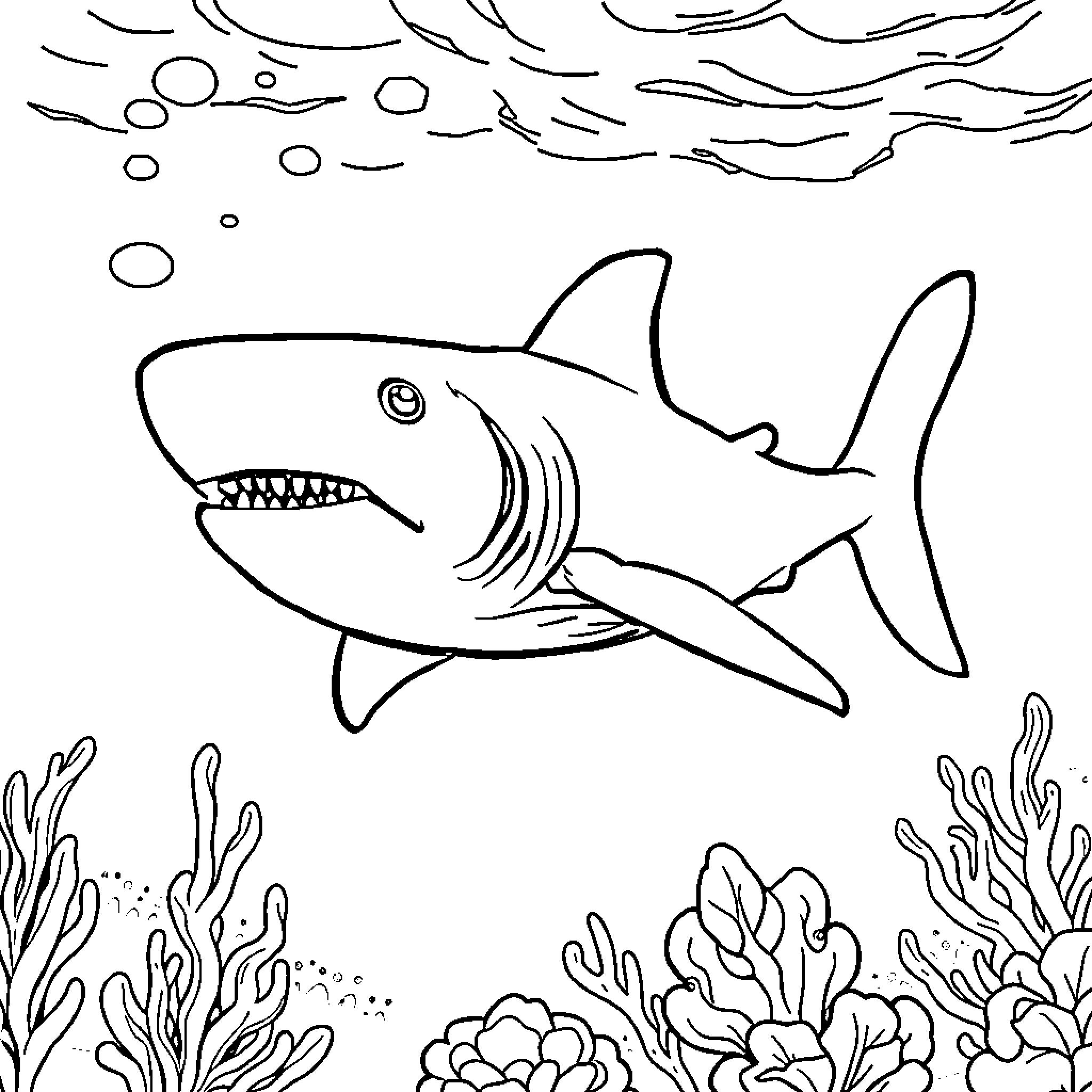 Megalodon shark swimming in the underwater scene Coloring Page (free black-and-white line drawing printable PDF for all, from beginners to advanced learners, including children, teens, adults, and seniors)