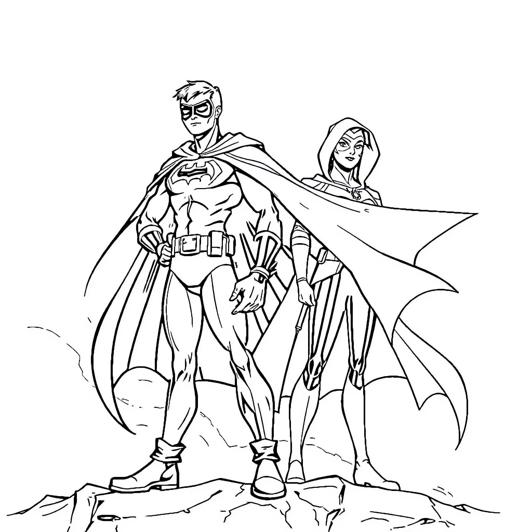 Robin and Sidekick in Heroic Pose Coloring Page (free black-and-white line drawing printable PDF for all, from beginners to advanced learners, including children, teens, adults, and seniors)
