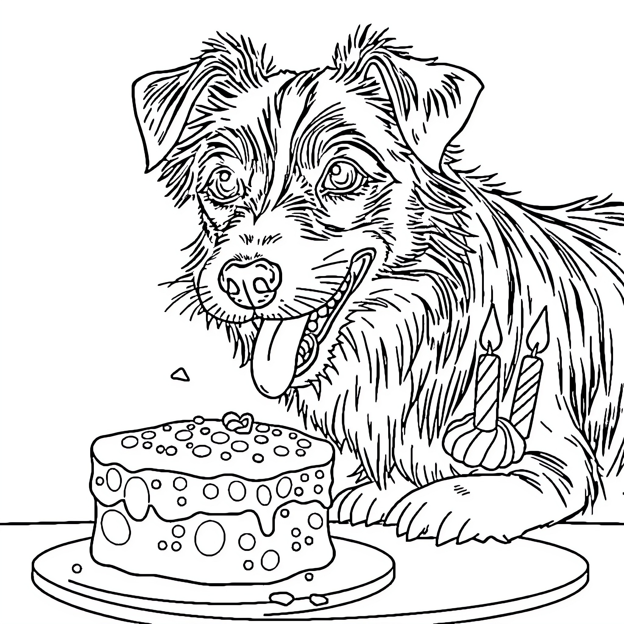 Jack Russell Terrier Enjoying a Birthday Cake Coloring Page (free black-and-white line drawing printable PDF for all, from beginners to advanced learners, including children, teens, adults, and seniors)