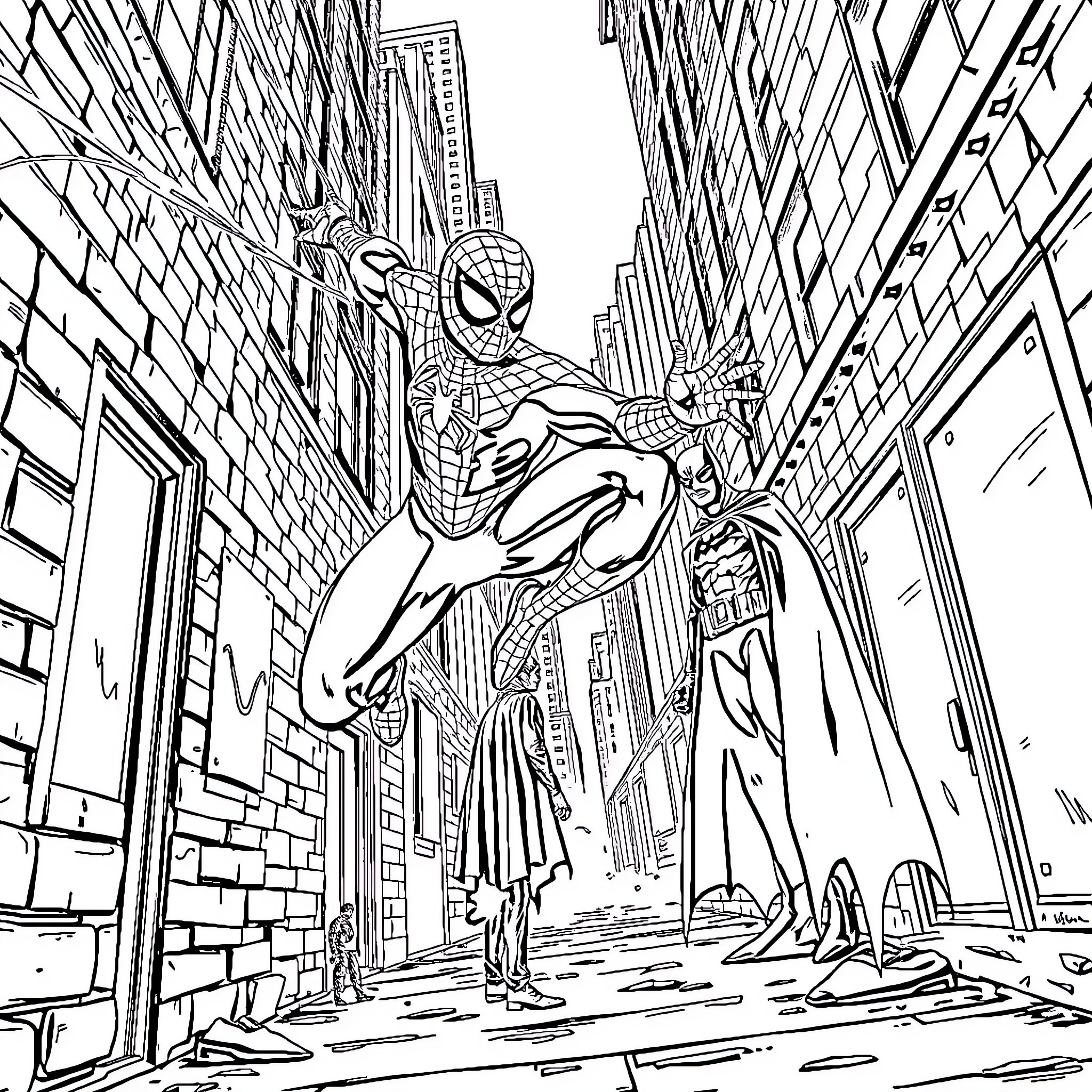 Spiderman swinging through the city streets Coloring Page (free black-and-white line drawing printable PDF for all, from beginners to advanced learners, including children, teens, adults, and seniors)