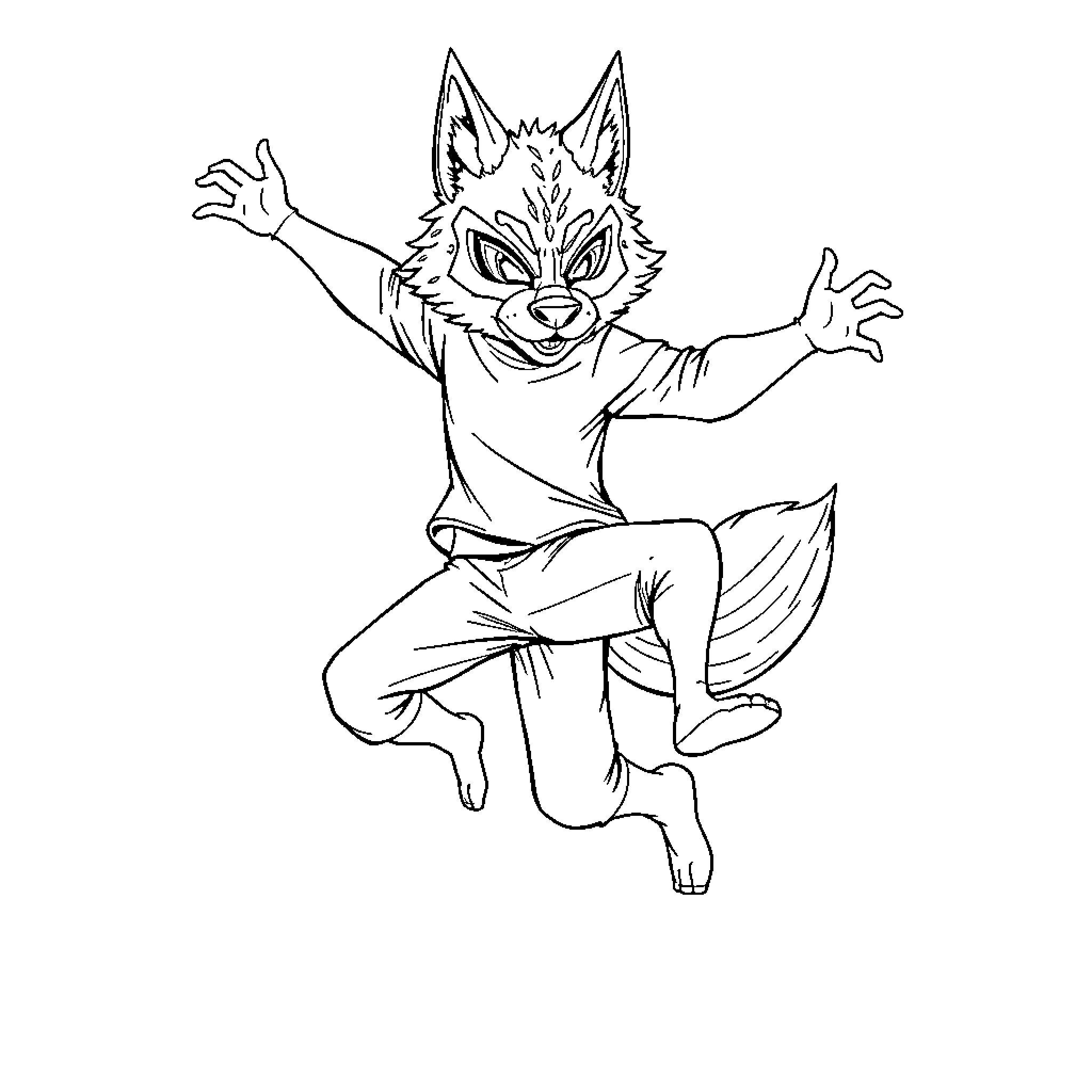 Wolf character in energetic pose Coloring Page (free black-and-white line drawing printable PDF for all, from beginners to advanced learners, including children, teens, adults, and seniors)