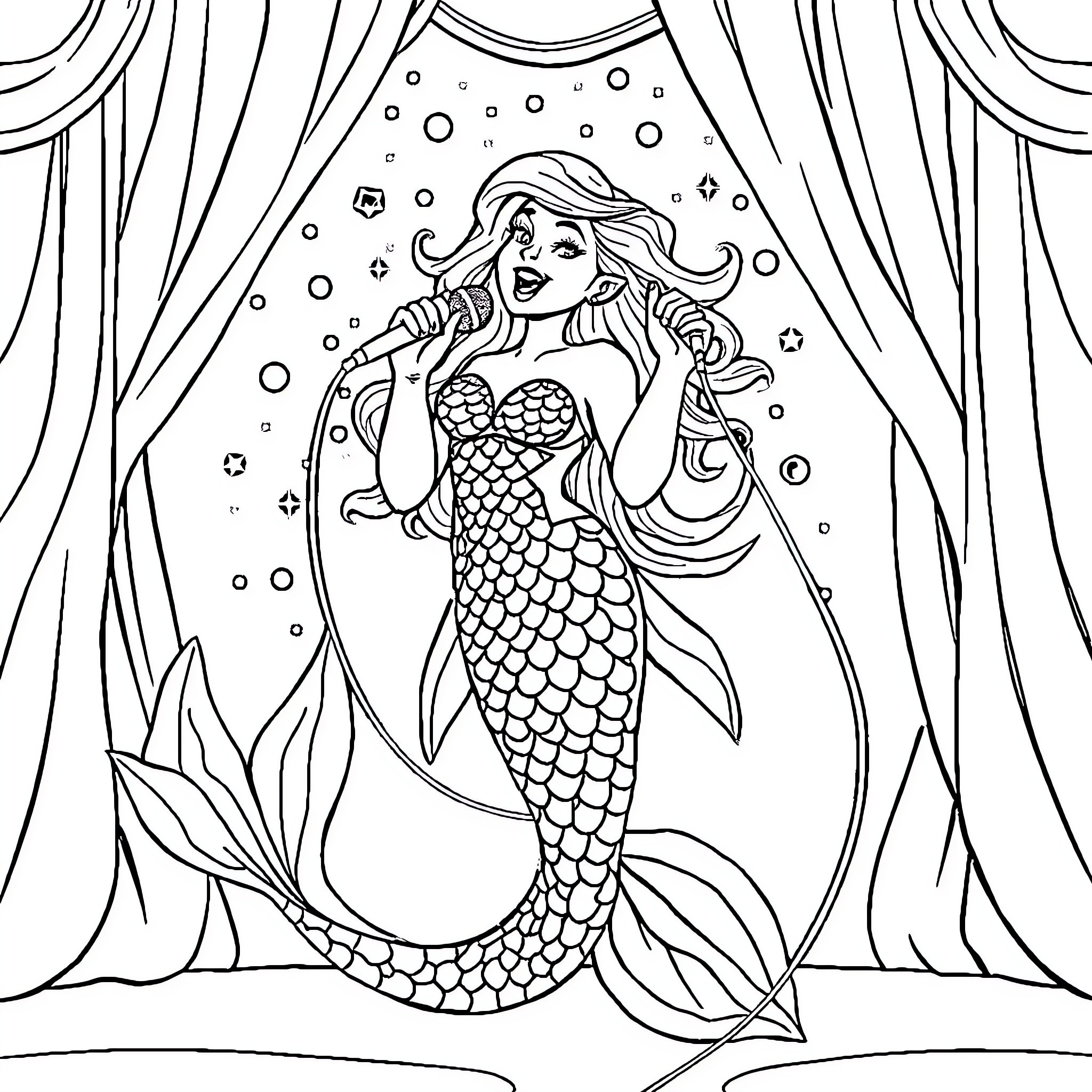 Mermaid performing on a stage Coloring Page (free black-and-white line drawing printable PDF for all, from beginners to advanced learners, including children, teens, adults, and seniors)