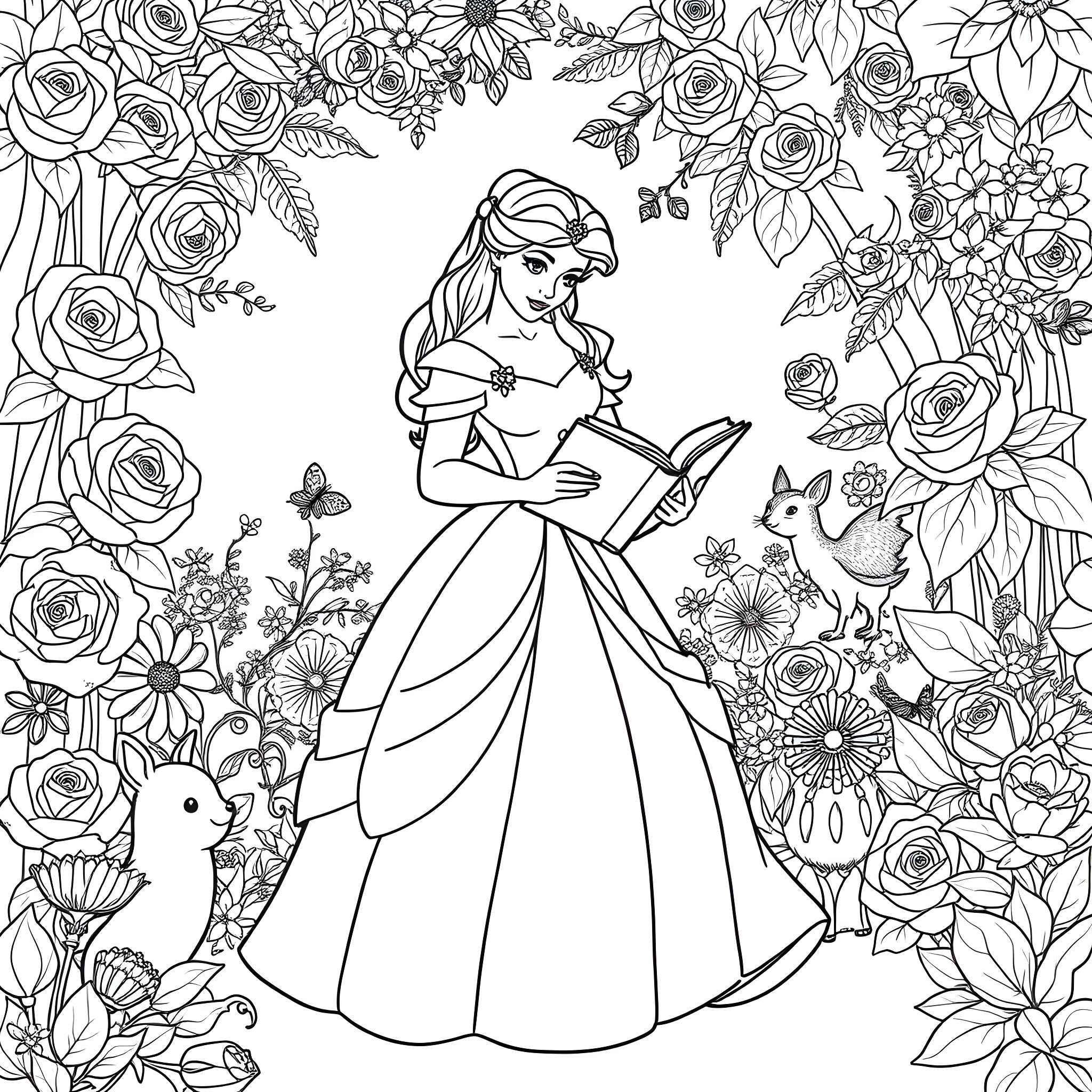 Belle reading amidst beautiful floral surroundings Coloring Page (free black-and-white line drawing printable PDF for all, from beginners to advanced learners, including children, teens, adults, and seniors)