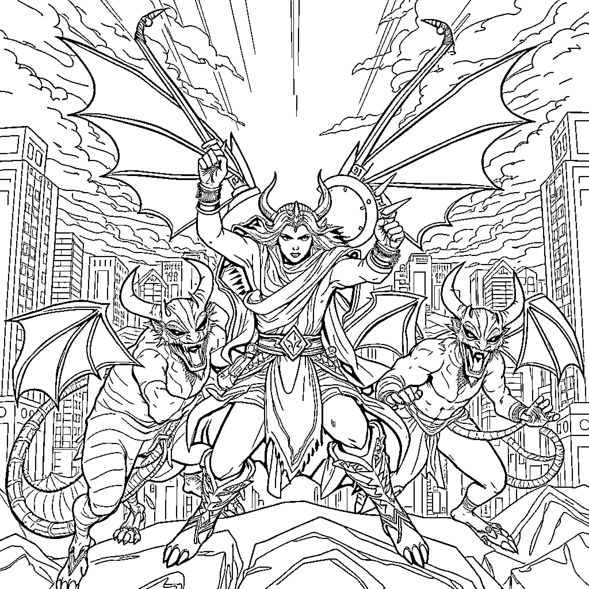 Huntrix's Powerful Warrior Unleashed in Epic Urban Battle Coloring Page (free black-and-white line drawing printable PDF for all, from beginners to advanced learners, including children, teens, adults, and seniors)