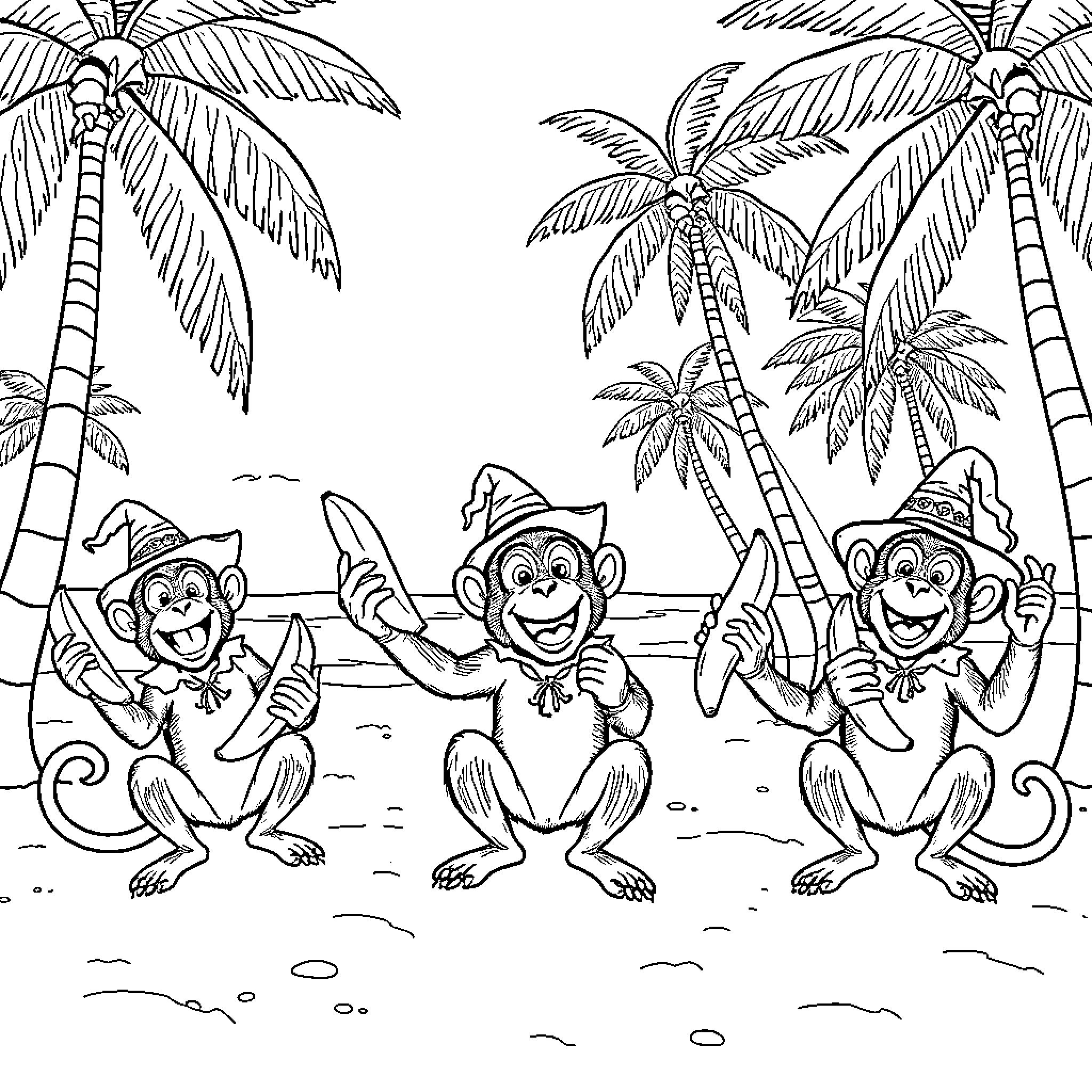 Monkeys playing on the tropical beach Coloring Page (free black-and-white line drawing printable PDF for all, from beginners to advanced learners, including children, teens, adults, and seniors)