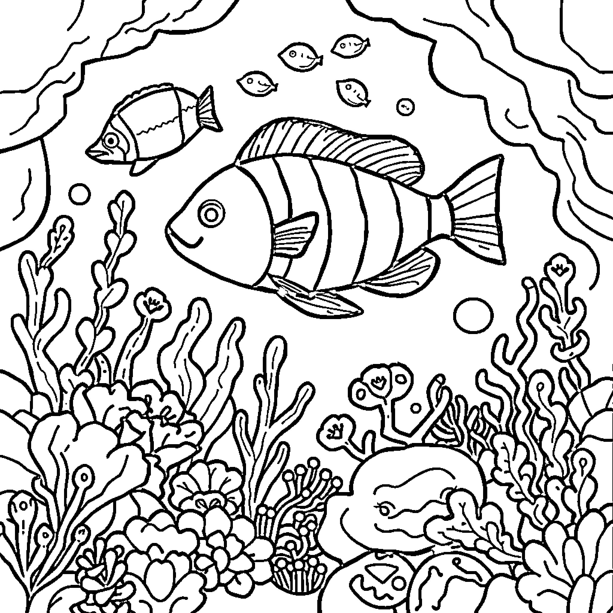 Aquatic Biosphere with Vibrant Marine Life Coloring Page (free black-and-white line drawing printable PDF for all, from beginners to advanced learners, including children, teens, adults, and seniors)