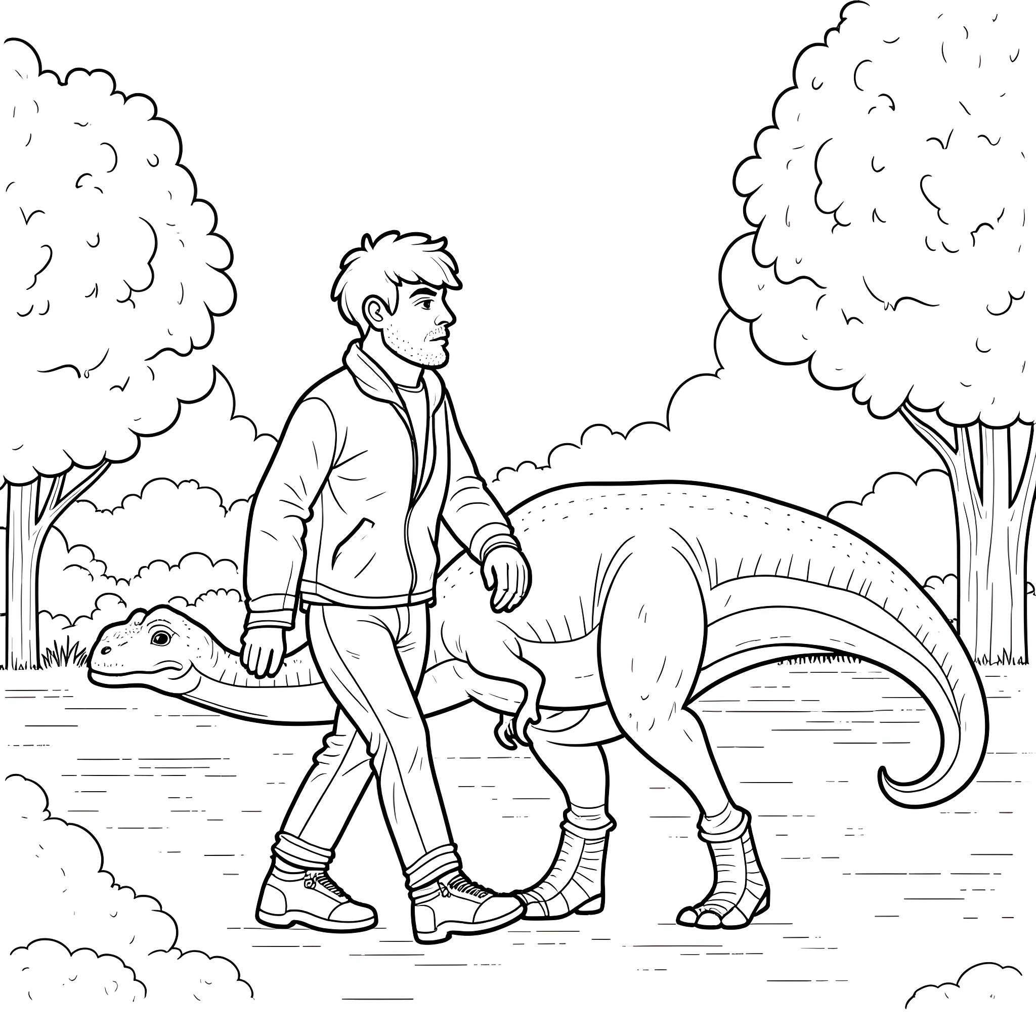 Man walking with a dinosaur in the park Coloring Page (free black-and-white line drawing printable PDF for all, from beginners to advanced learners, including children, teens, adults, and seniors)