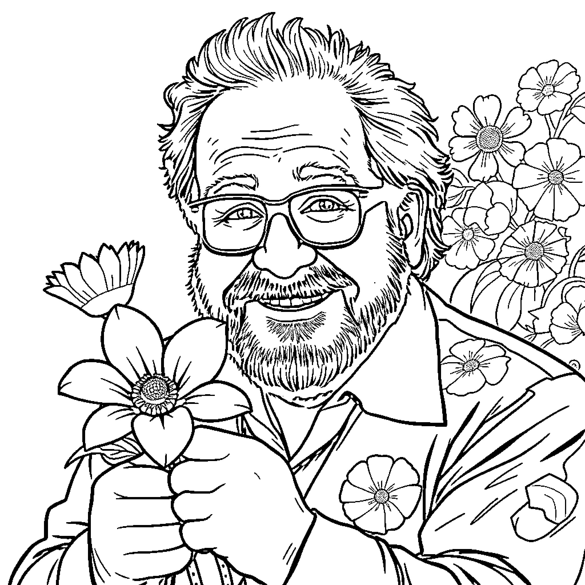 Danny DeVito surrounded by flowers and nature Coloring Page (free black-and-white line drawing printable PDF for all, from beginners to advanced learners, including children, teens, adults, and seniors)