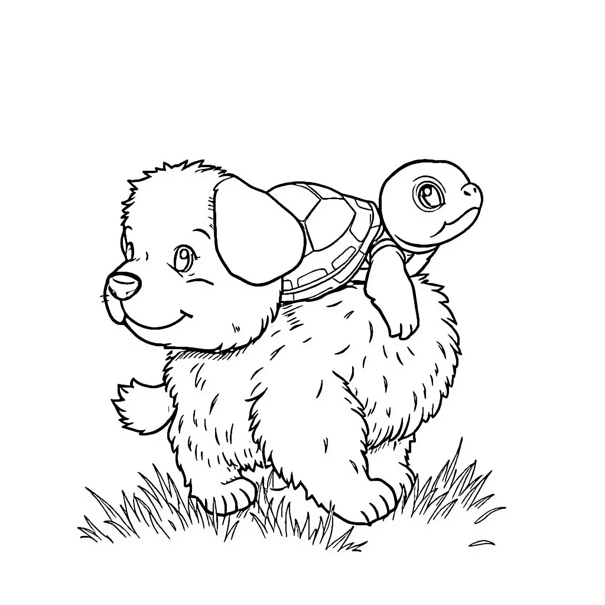 Turtle riding on friendly dog in the grass Coloring Page (free black-and-white line drawing printable PDF for all, from beginners to advanced learners, including children, teens, adults, and seniors)