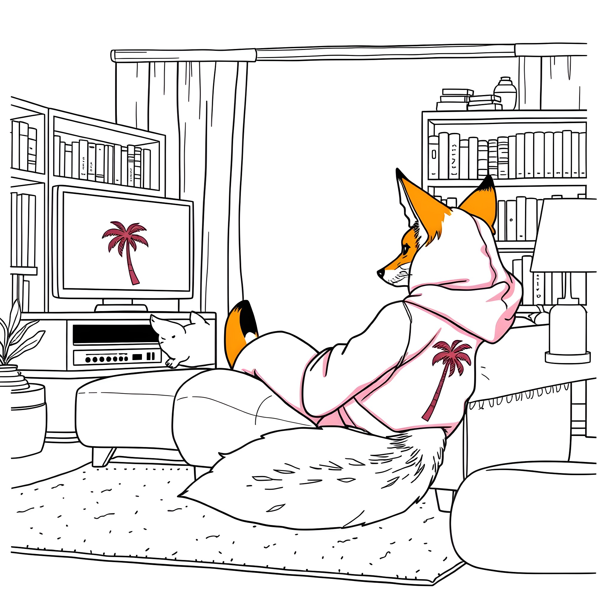Fox relaxing on couch in stylish room Coloring Page (free black-and-white line drawing printable PDF for all, from beginners to advanced learners, including children, teens, adults, and seniors)
