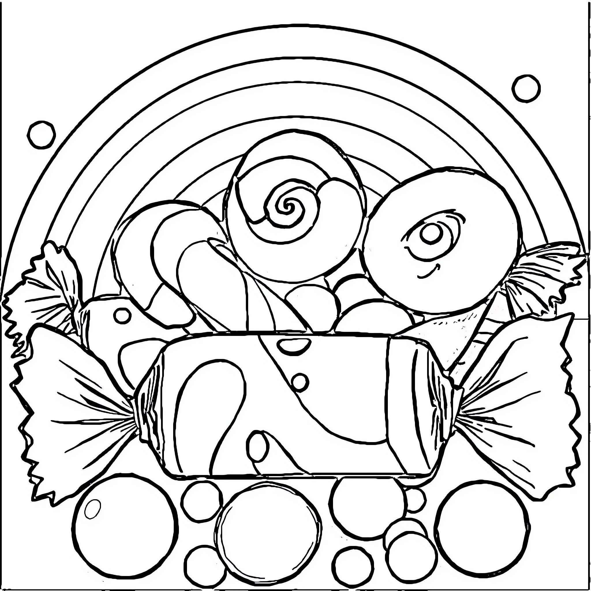 Candy-Filled Basket Overflowing with Treats Coloring Page (free black-and-white line drawing printable PDF for all, from beginners to advanced learners, including children, teens, adults, and seniors)