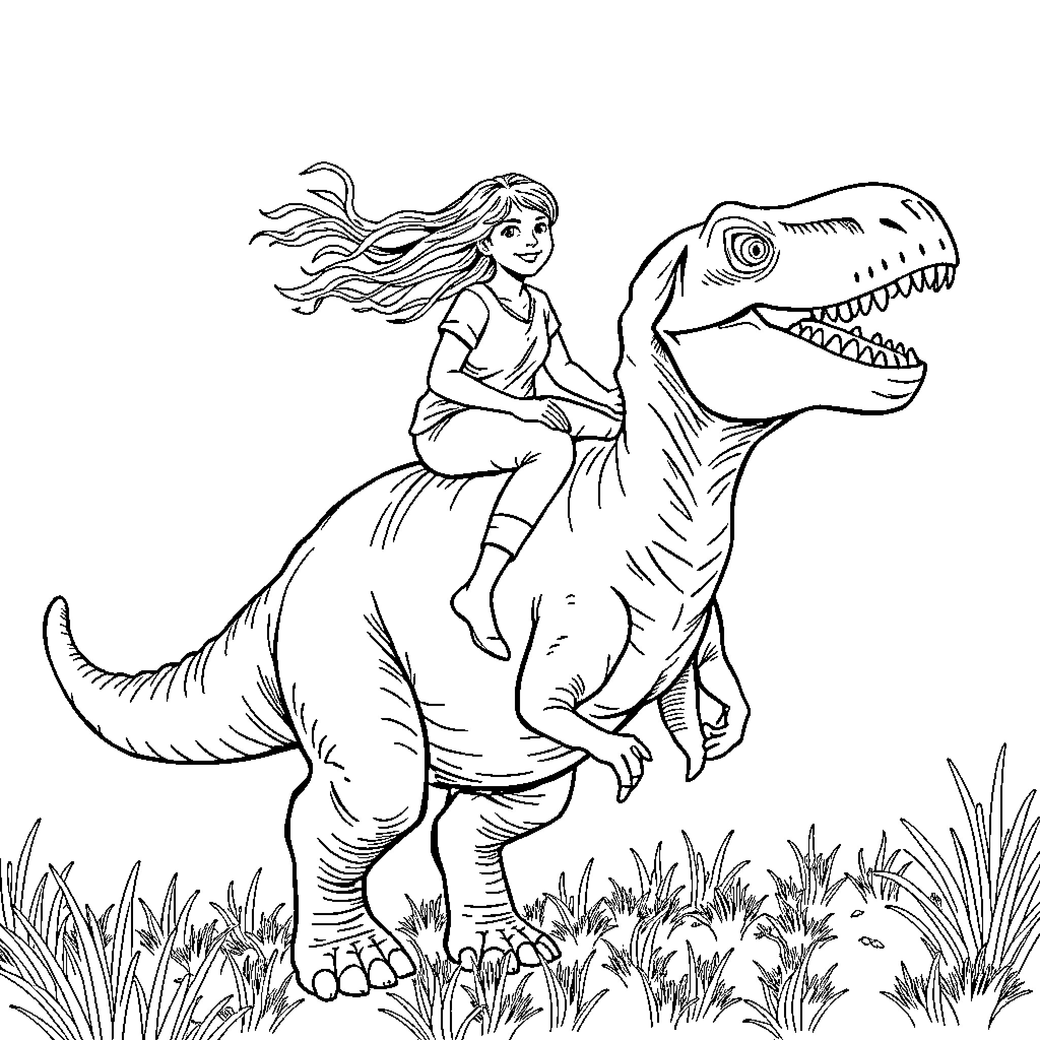 Person riding a dinosaur in an outdoor scene Coloring Page (free black-and-white line drawing printable PDF for all, from beginners to advanced learners, including children, teens, adults, and seniors)