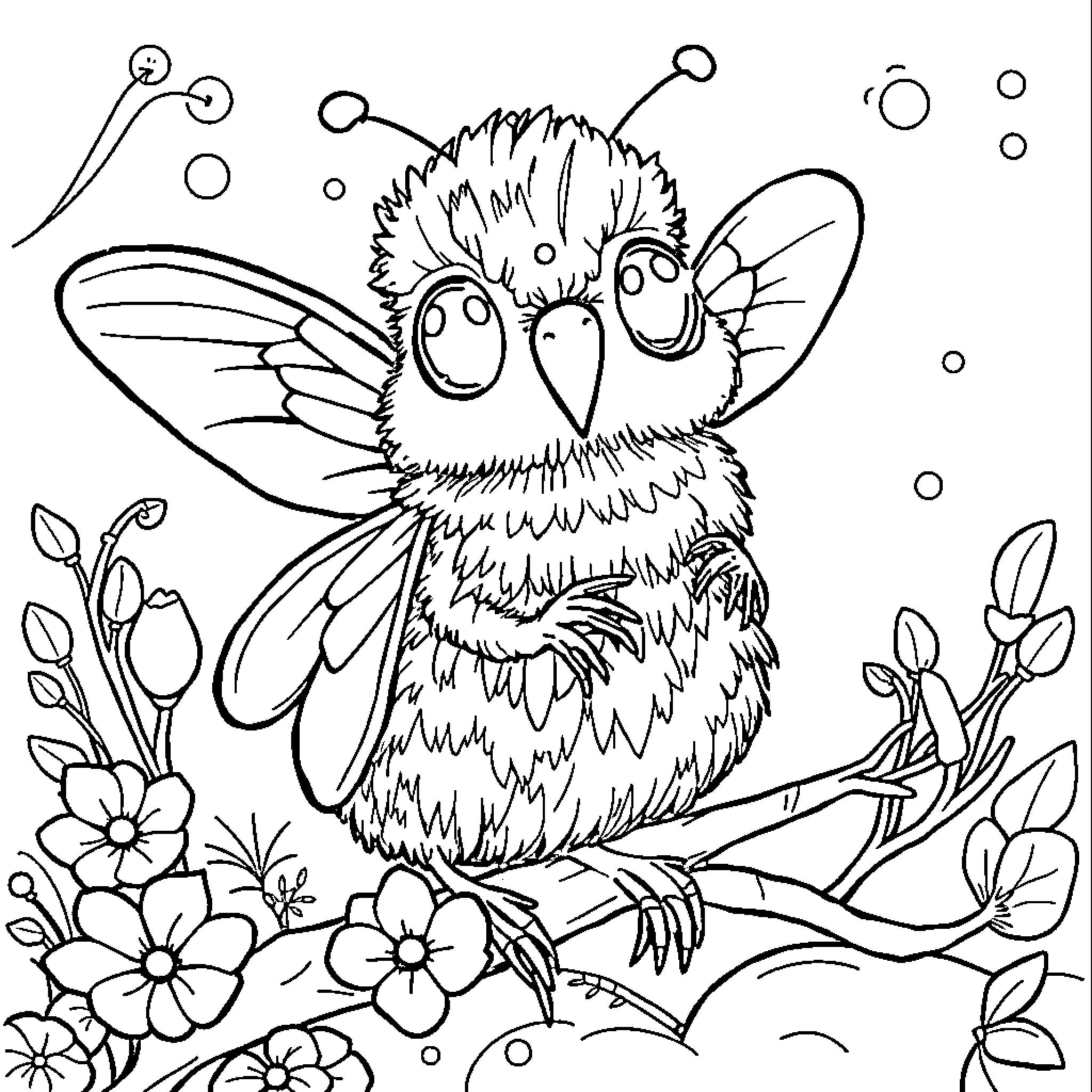 Ferbie's Playful Adventure in a Floral World Coloring Page (free black-and-white line drawing printable PDF for all, from beginners to advanced learners, including children, teens, adults, and seniors)