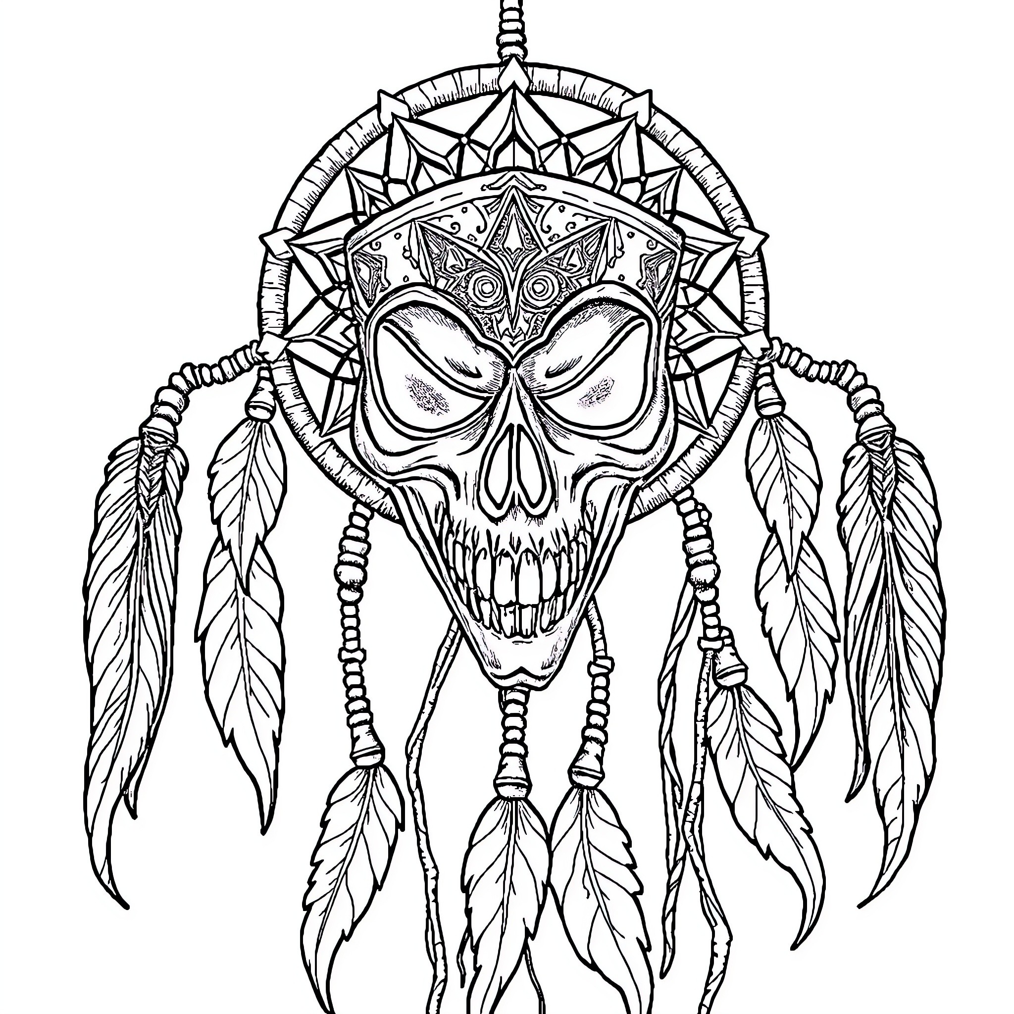 Dreamcatcher with intricate skull and feathers Coloring Page (free black-and-white line drawing printable PDF for all, from beginners to advanced learners, including children, teens, adults, and seniors)