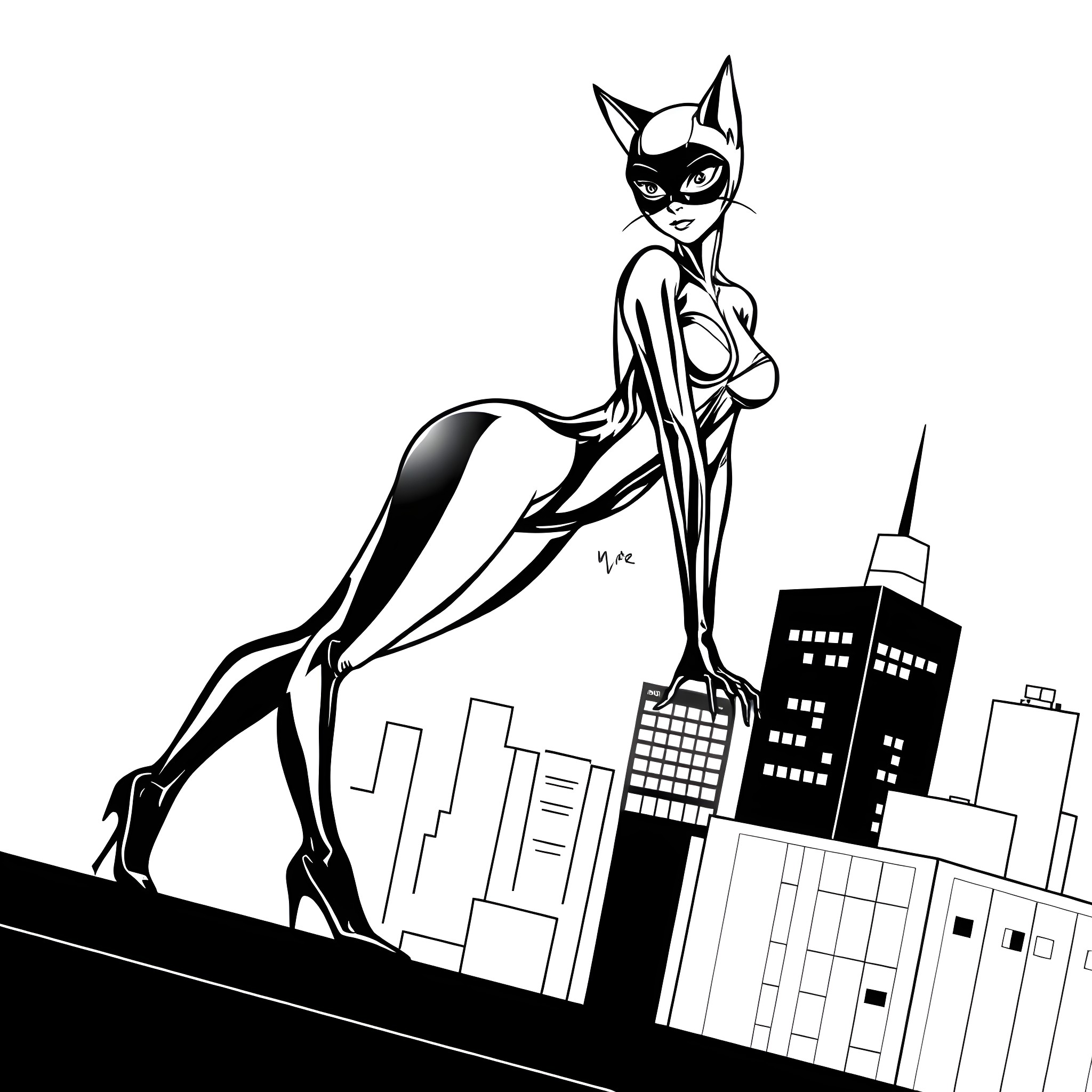 Catwoman in action on the city skyline Coloring Page (free black-and-white line drawing printable PDF for all, from beginners to advanced learners, including children, teens, adults, and seniors)