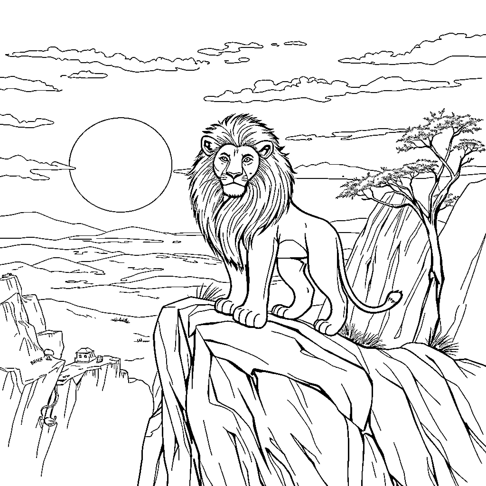 Lion surveying the savanna landscape Coloring Page (free black-and-white line drawing printable PDF for all, from beginners to advanced learners, including children, teens, adults, and seniors)