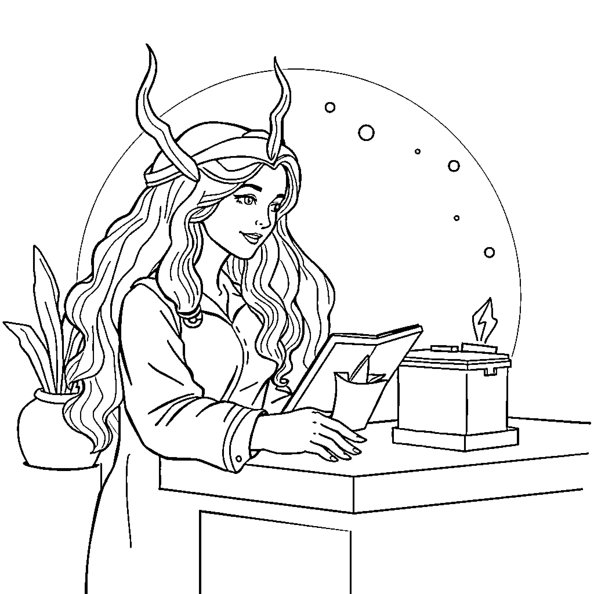 Virgo studying intently at desk with moon motifs Coloring Page (free black-and-white line drawing printable PDF for all, from beginners to advanced learners, including children, teens, adults, and seniors)