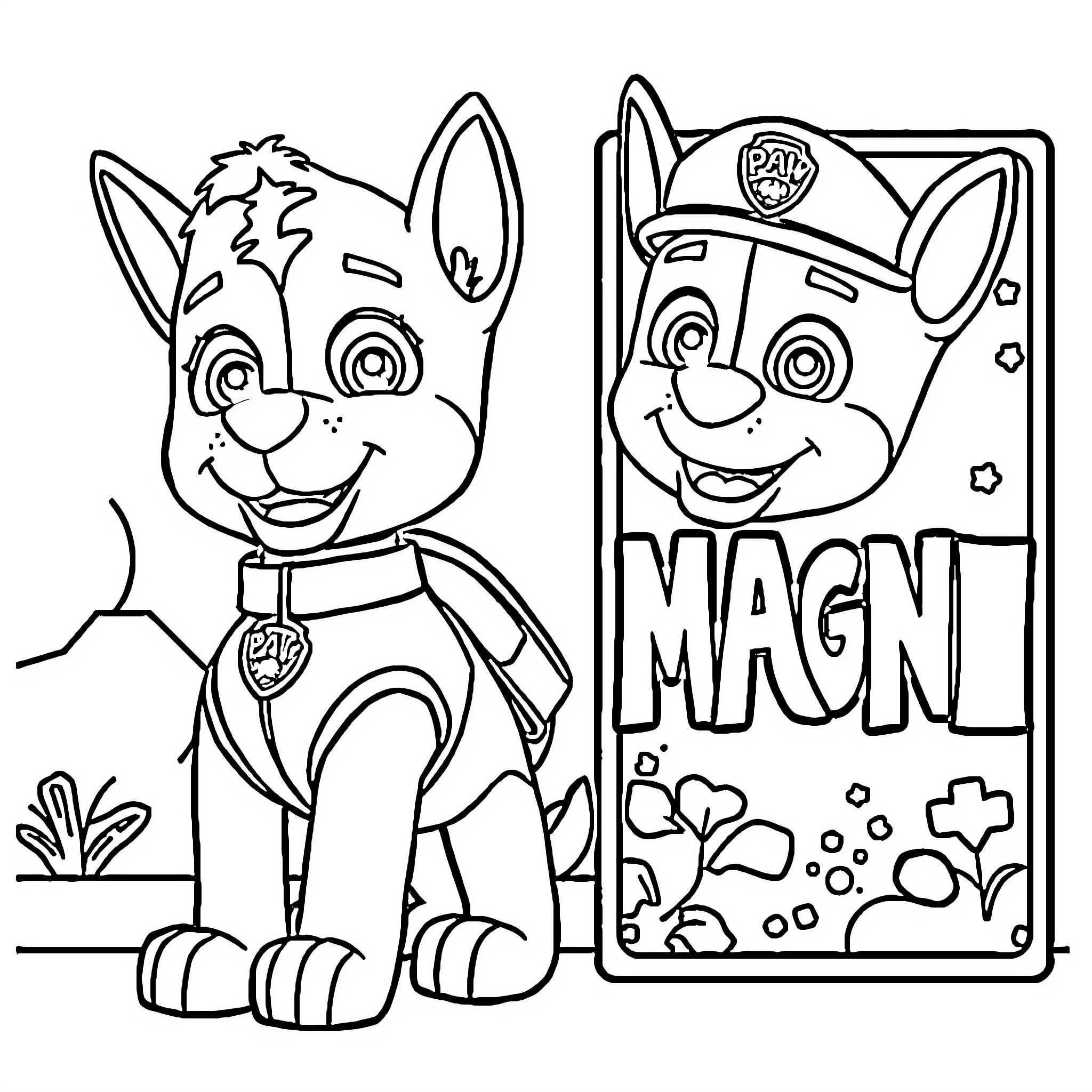 Chase the Puppy's Paw Patrol Adventure Coloring Page (free black-and-white line drawing printable PDF for all, from beginners to advanced learners, including children, teens, adults, and seniors)