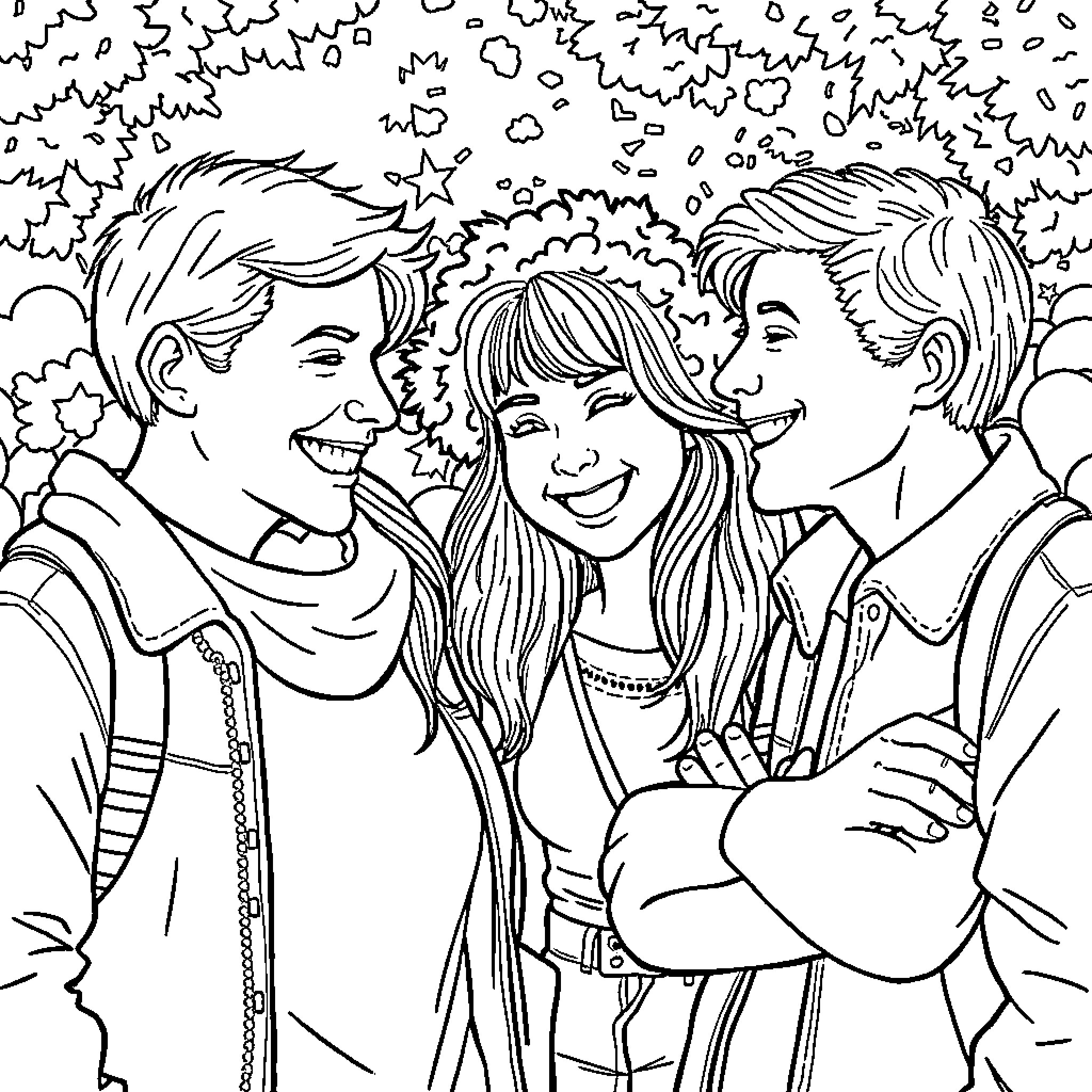 Person enjoying time with friends outdoors Coloring Page (free black-and-white line drawing printable PDF for all, from beginners to advanced learners, including children, teens, adults, and seniors)