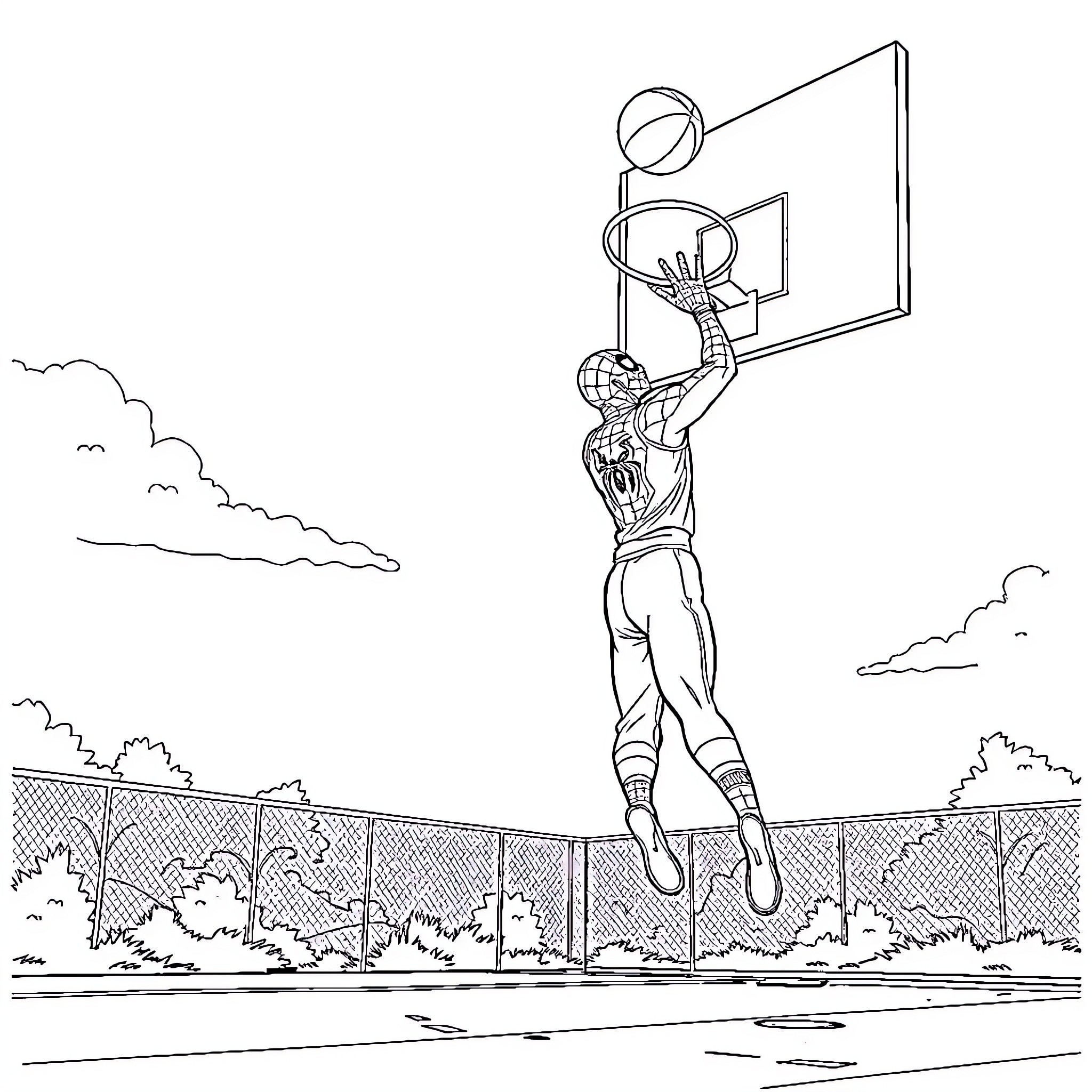 Spiderman Dunking Basketball on Outdoor Court Coloring Page (free black-and-white line drawing printable PDF for all, from beginners to advanced learners, including children, teens, adults, and seniors)