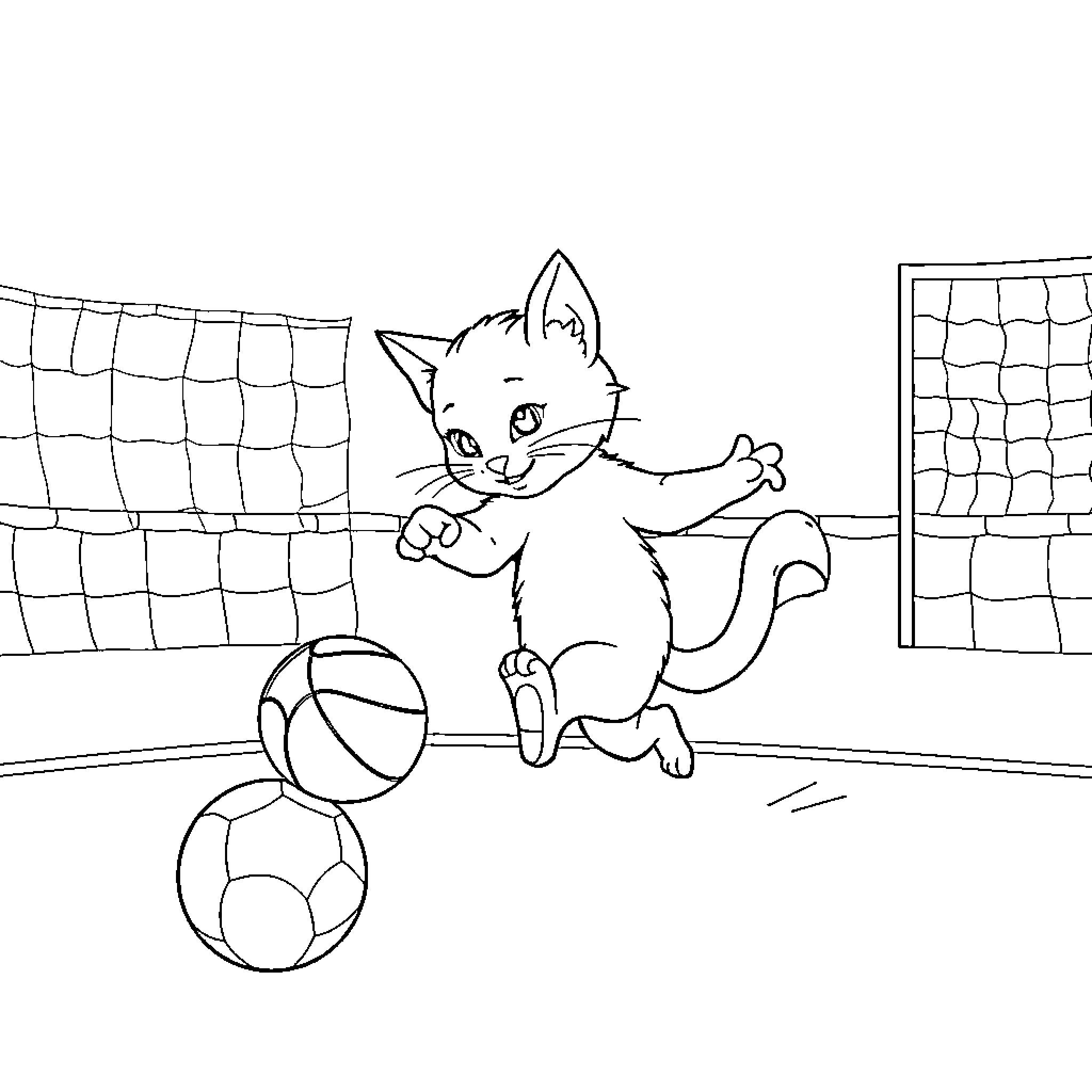 Cat playing with ball on volleyball court Coloring Page (free black-and-white line drawing printable PDF for all, from beginners to advanced learners, including children, teens, adults, and seniors)