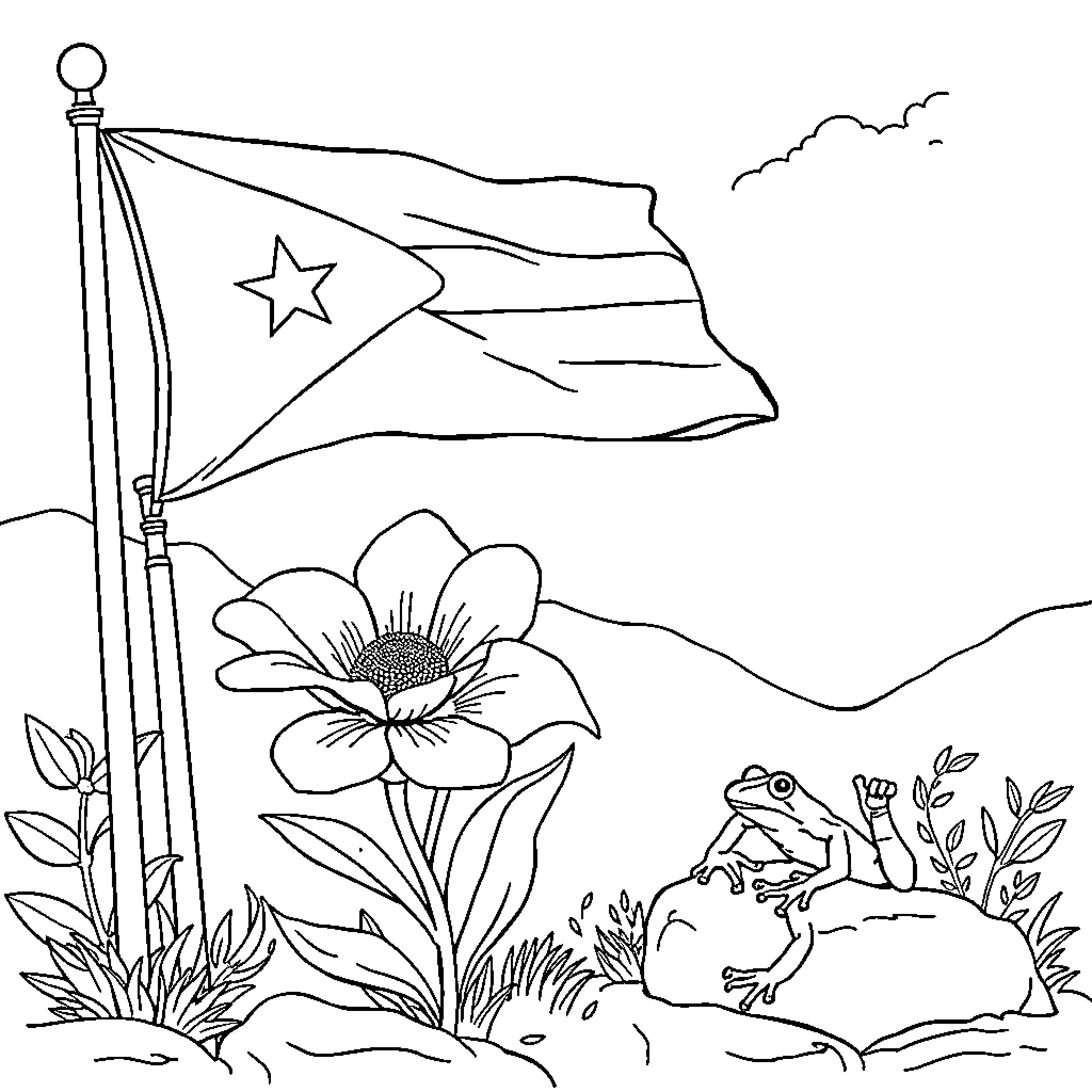 Coqui frog enjoying a scenic nature scene Coloring Page (free black-and-white line drawing printable PDF for all, from beginners to advanced learners, including children, teens, adults, and seniors)