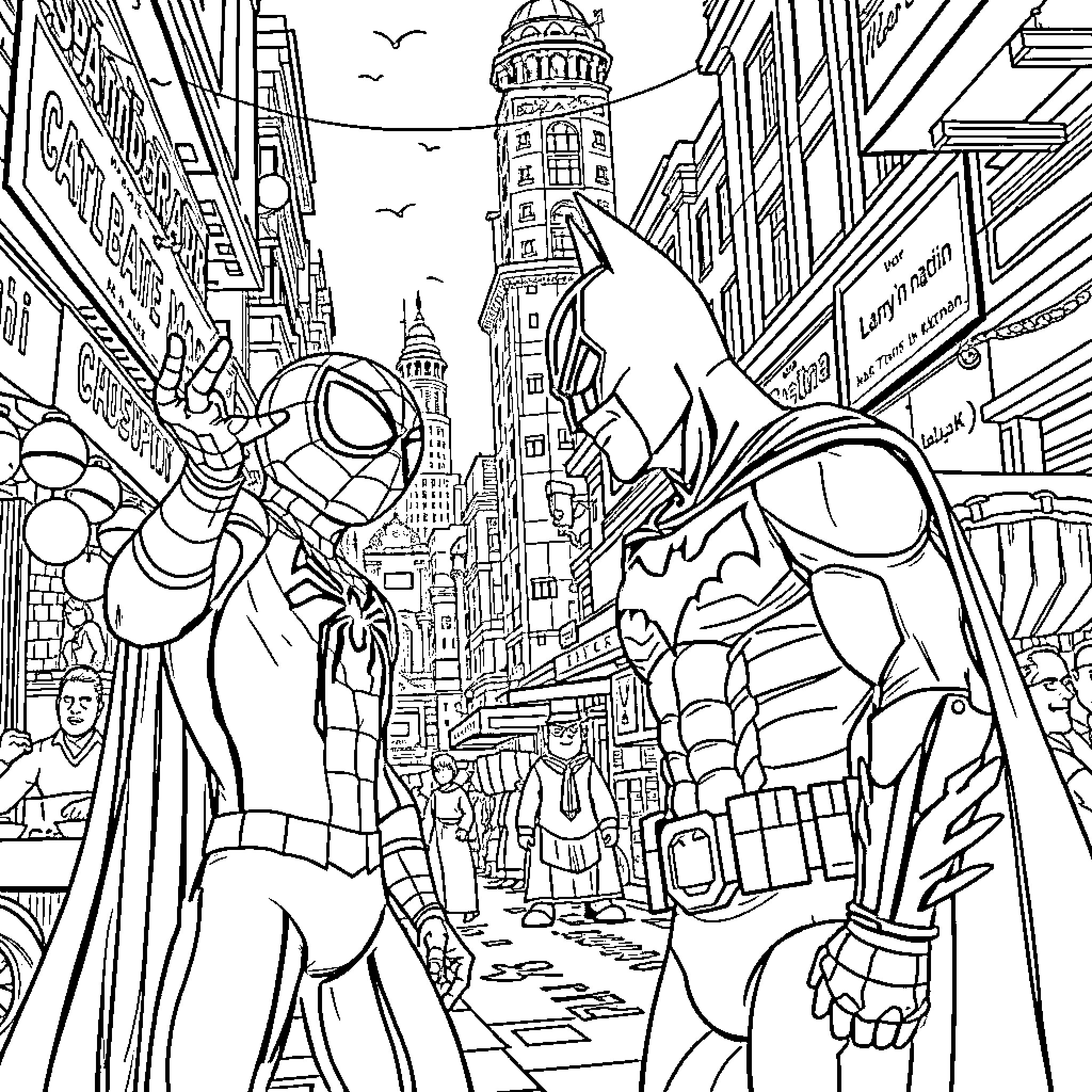 Spider-Man and Batman team up in the city Coloring Page (free black-and-white line drawing printable PDF for all, from beginners to advanced learners, including children, teens, adults, and seniors)