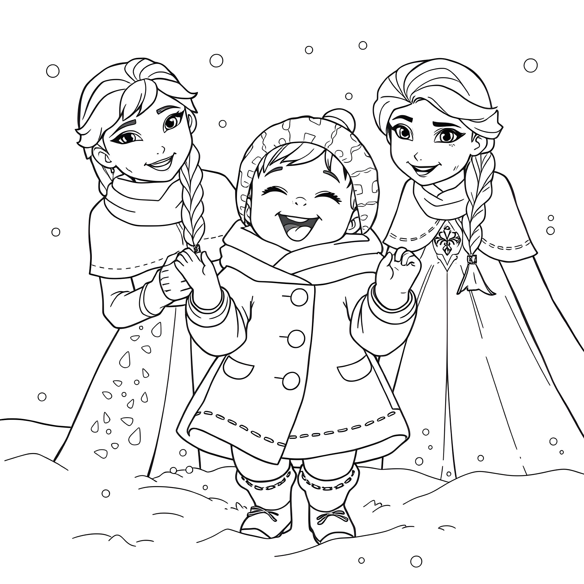 Baby Girl Enjoying Winter Fun with Friends Coloring Page (free black-and-white line drawing printable PDF for all, from beginners to advanced learners, including children, teens, adults, and seniors)