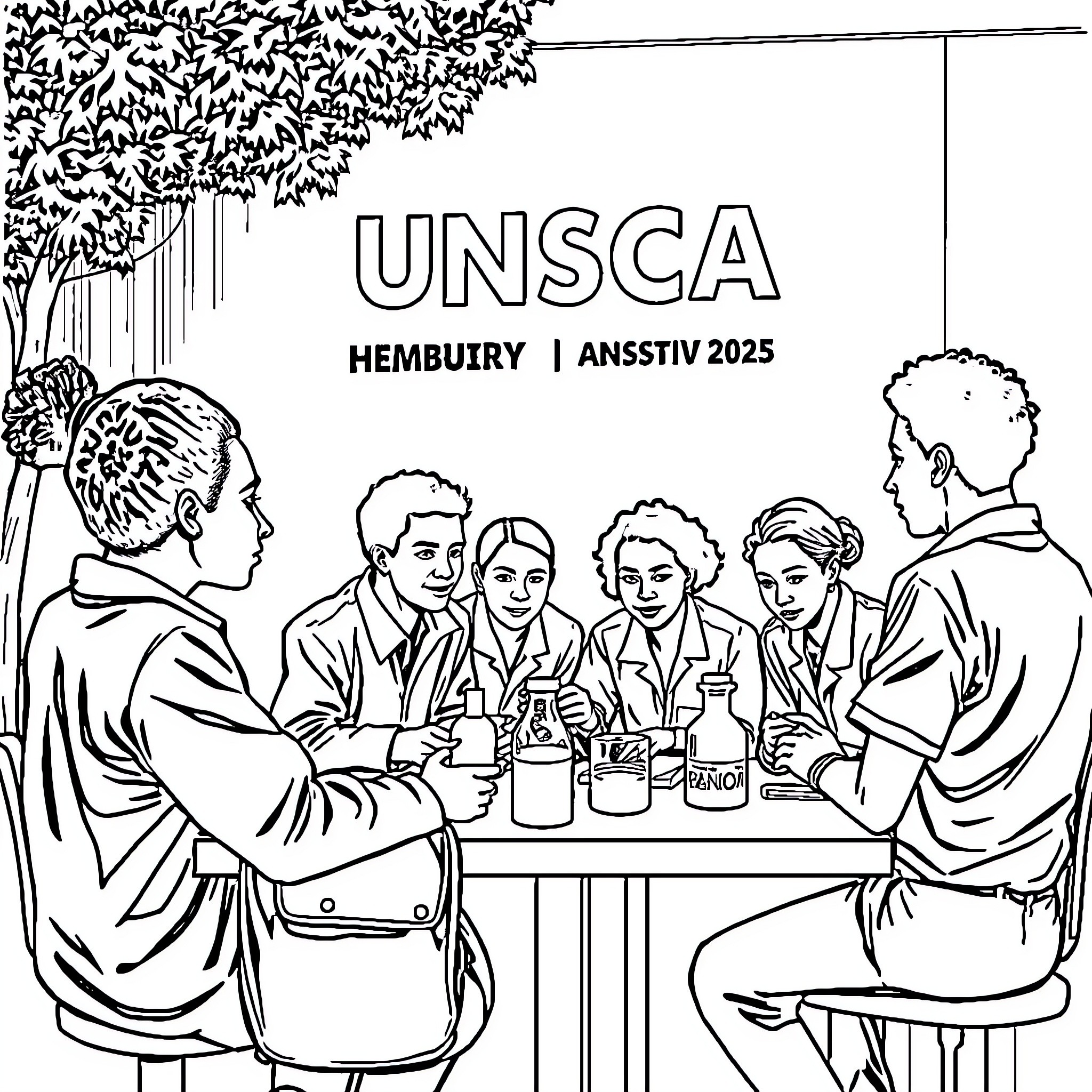 University Students Enjoying Conversation and Refreshments Coloring Page (free black-and-white line drawing printable PDF for all, from beginners to advanced learners, including children, teens, adults, and seniors)