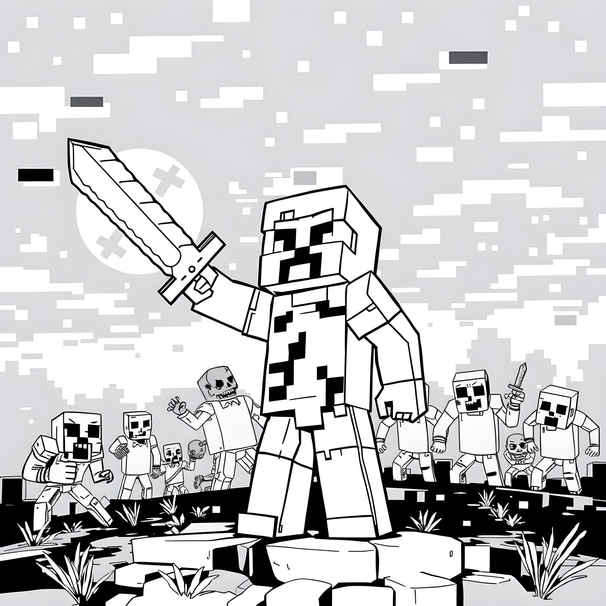 Steve and his Creeper companions battle monsters in the night Coloring Page (free black-and-white line drawing printable PDF for all, from beginners to advanced learners, including children, teens, adults, and seniors)