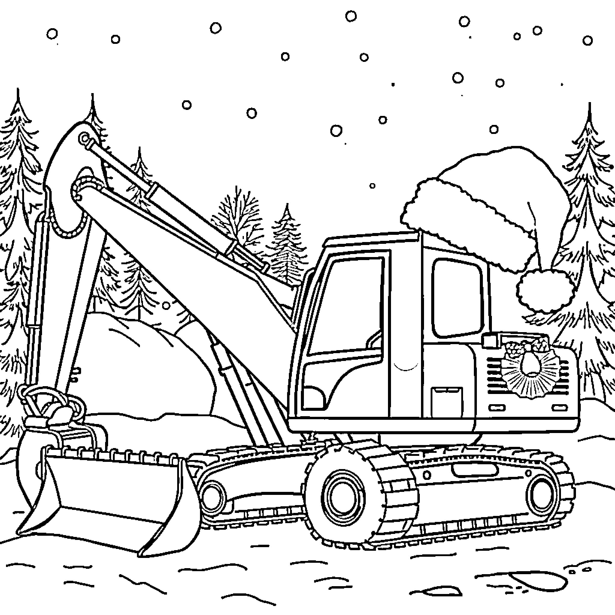 Excavator working in snowy forest landscape Coloring Page (free black-and-white line drawing printable PDF for all, from beginners to advanced learners, including children, teens, adults, and seniors)