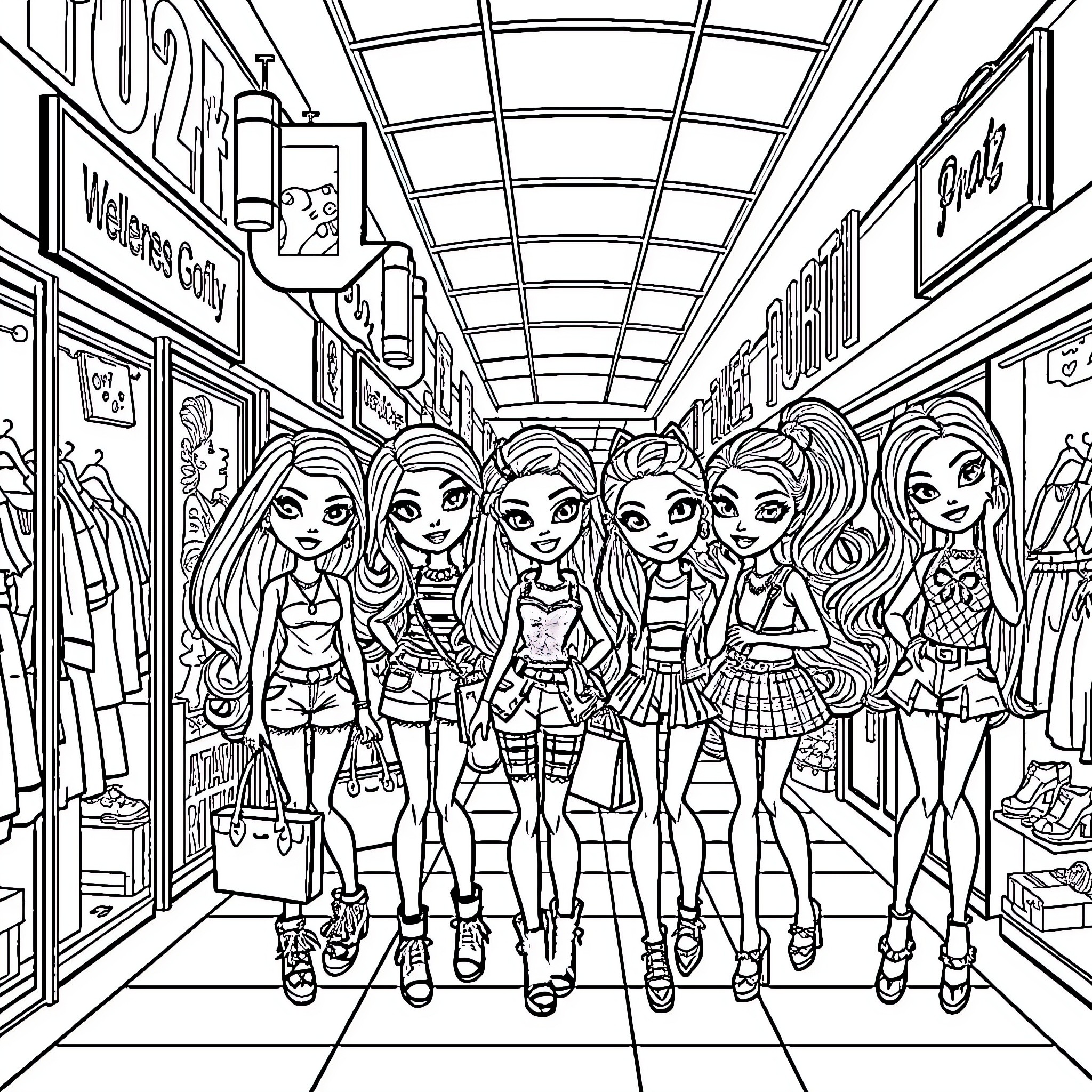 Bratz Girls Shopping at the Mall Coloring Page (free black-and-white line drawing printable PDF for all, from beginners to advanced learners, including children, teens, adults, and seniors)