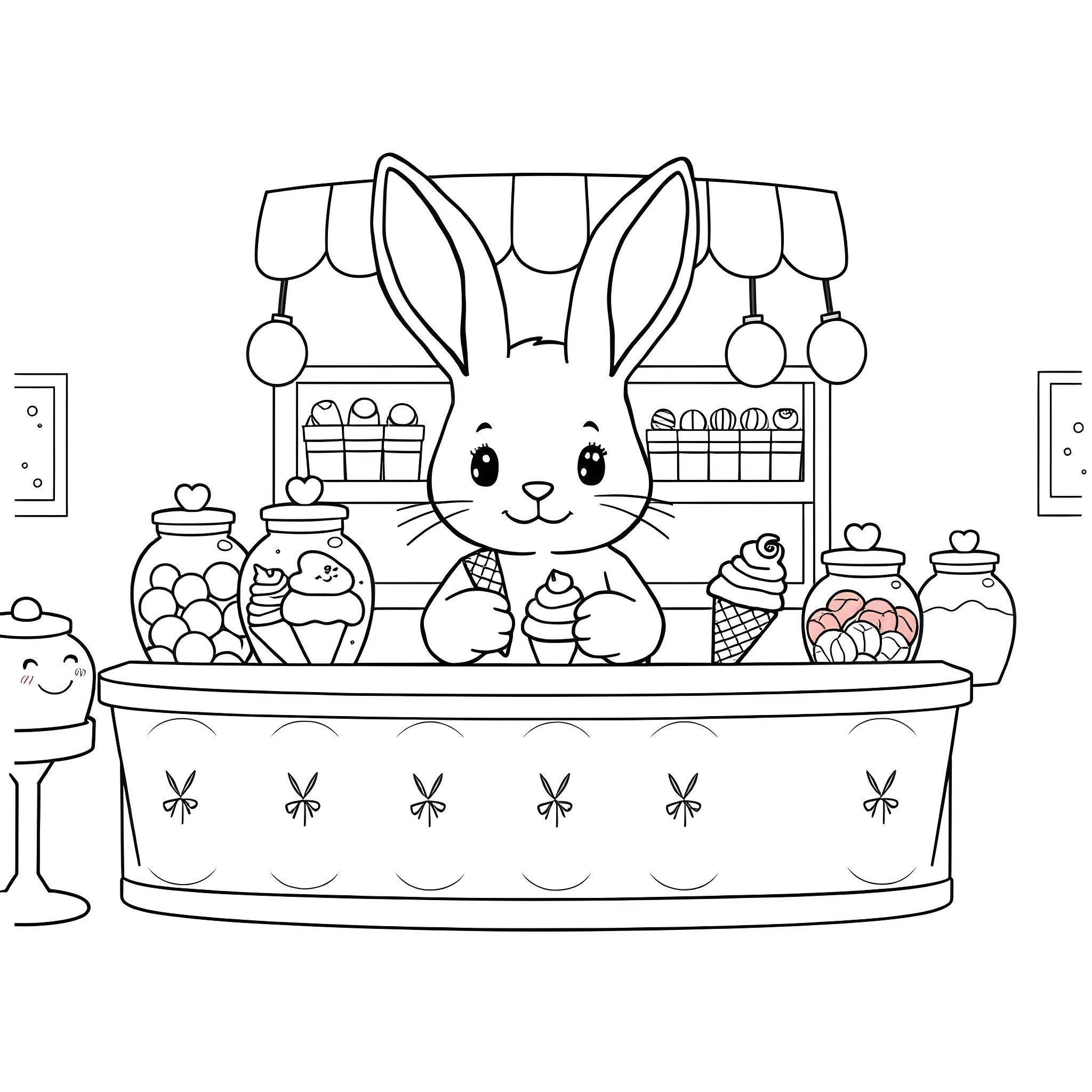Bunny operating a candy shop Coloring Page (free black-and-white line drawing printable PDF for all, from beginners to advanced learners, including children, teens, adults, and seniors)