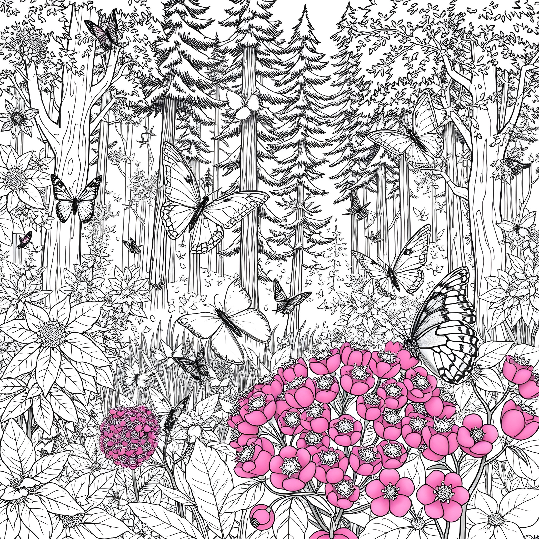 Butterfly Forest Floral Wonderland Coloring Page (free black-and-white line drawing printable PDF for all, from beginners to advanced learners, including children, teens, adults, and seniors)