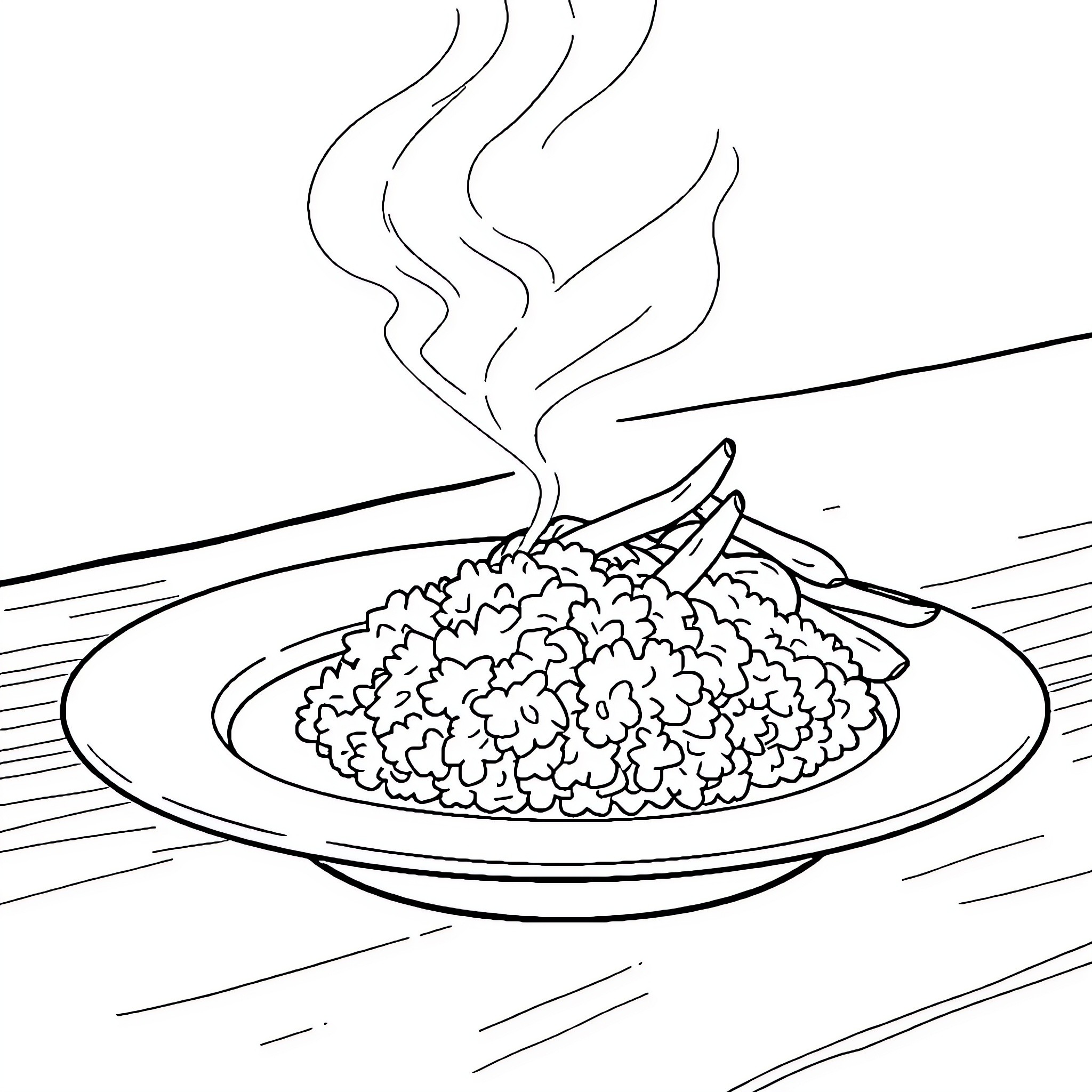 Plate of steaming hot food Coloring Page (free black-and-white line drawing printable PDF for all, from beginners to advanced learners, including children, teens, adults, and seniors)
