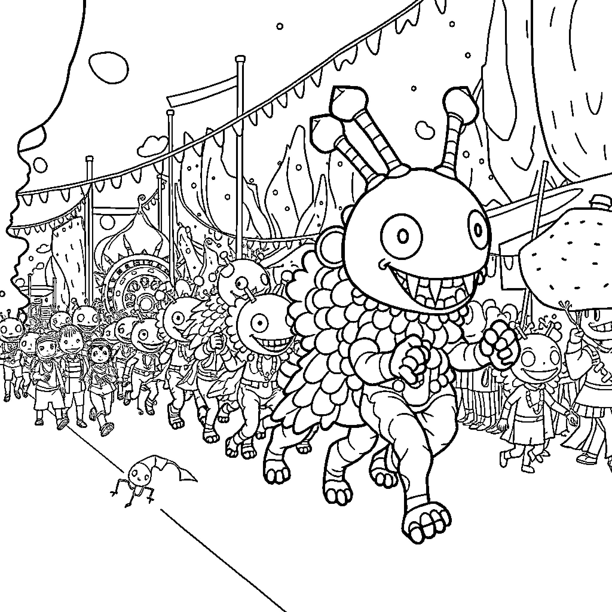 Giants celebrate festive event with colorful costumes and characters Coloring Page (free black-and-white line drawing printable PDF for all, from beginners to advanced learners, including children, teens, adults, and seniors)